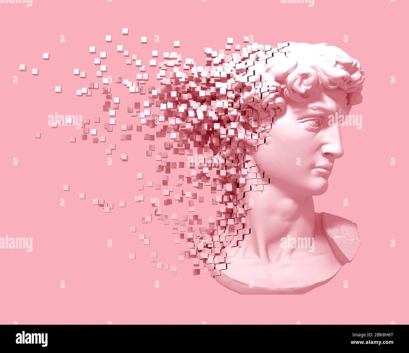 Disintegrando testa di David su sfondo rosa Foto Stock