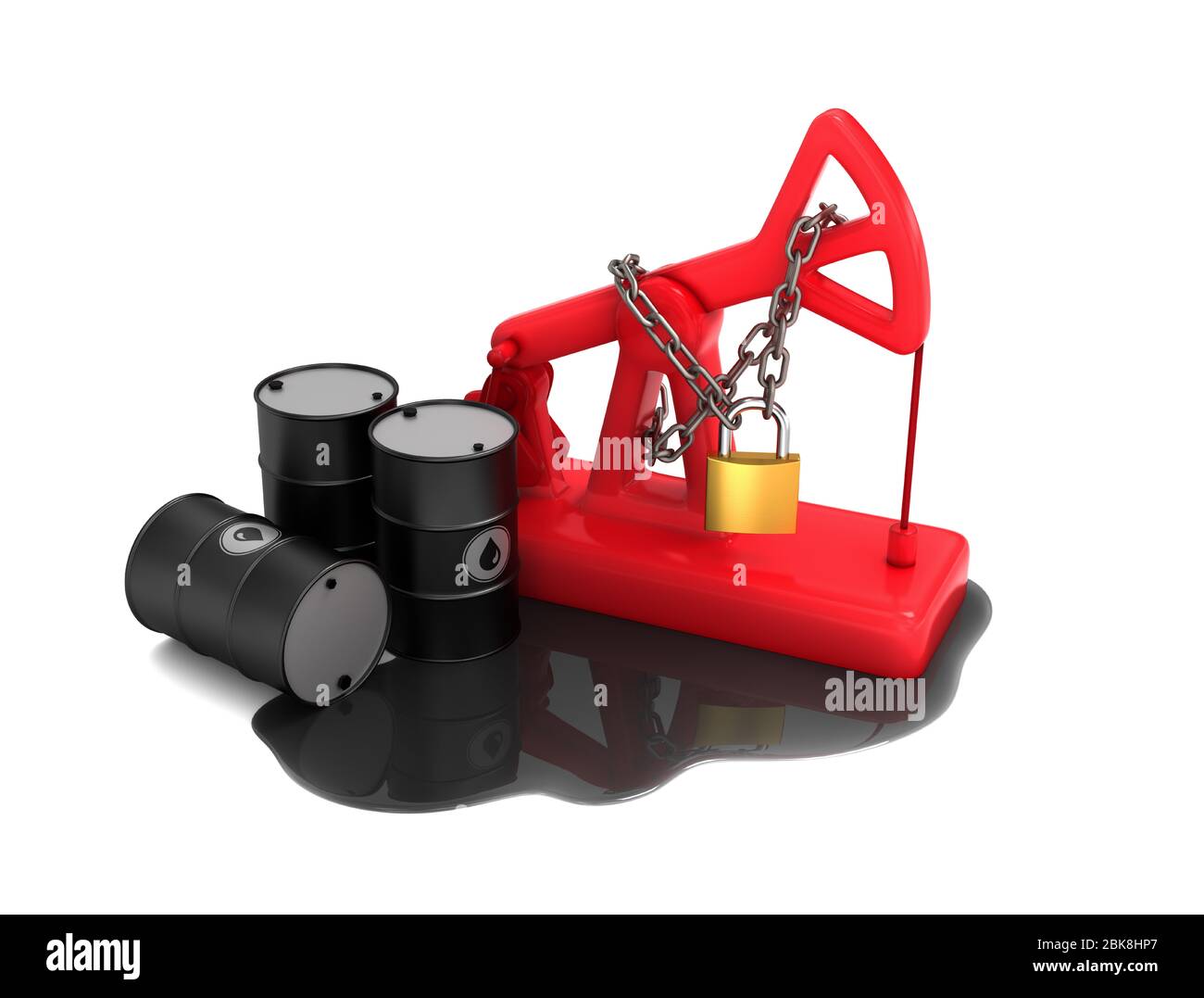 Pumpjack rosso bloccato, barili e olio versato su sfondo bianco Foto Stock