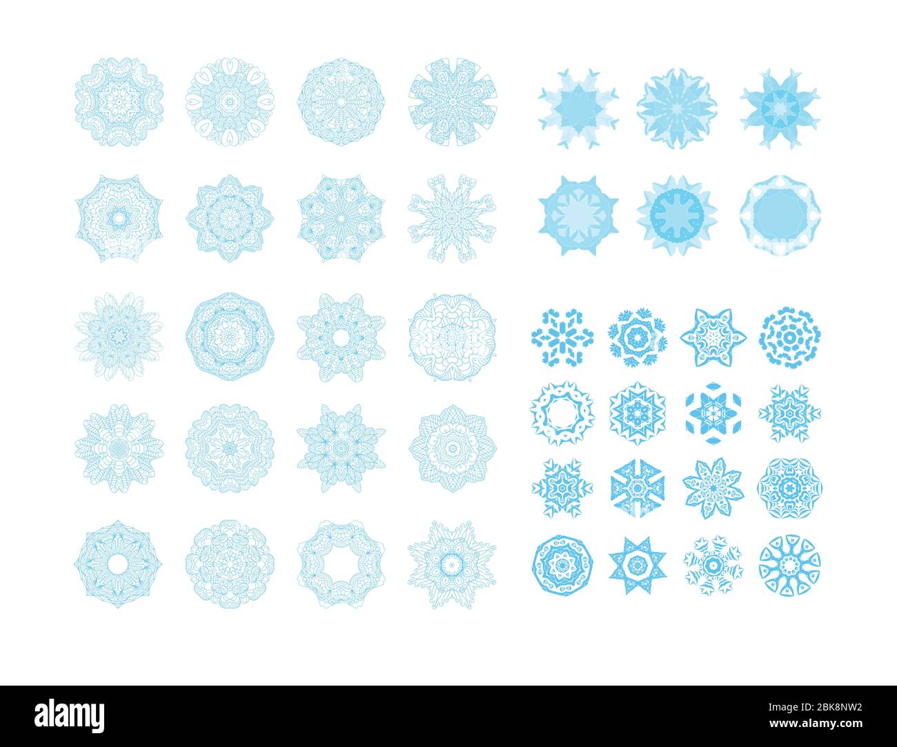Icone di Natale fiocchi di neve. Fiocchi di neve blu, frattali o mandala. Illustrazione Vettoriale