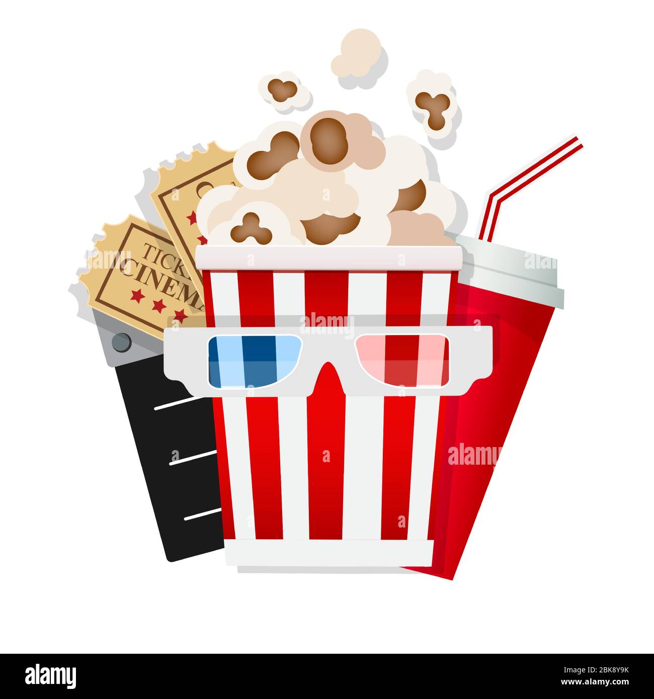 Icona del cinema con Pop Corn, occhiali 3D, limonata e biglietti. Illustrazione vettoriale Illustrazione Vettoriale