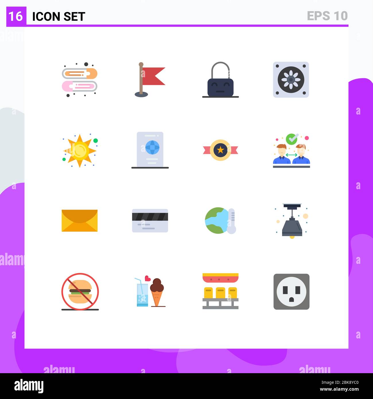 Universal Icon Symbols Gruppo di 16 moderni colori piatti di vacanza, sole, lucchetto, luce, fan pacchetto di elementi Creative Vector Design Illustrazione Vettoriale