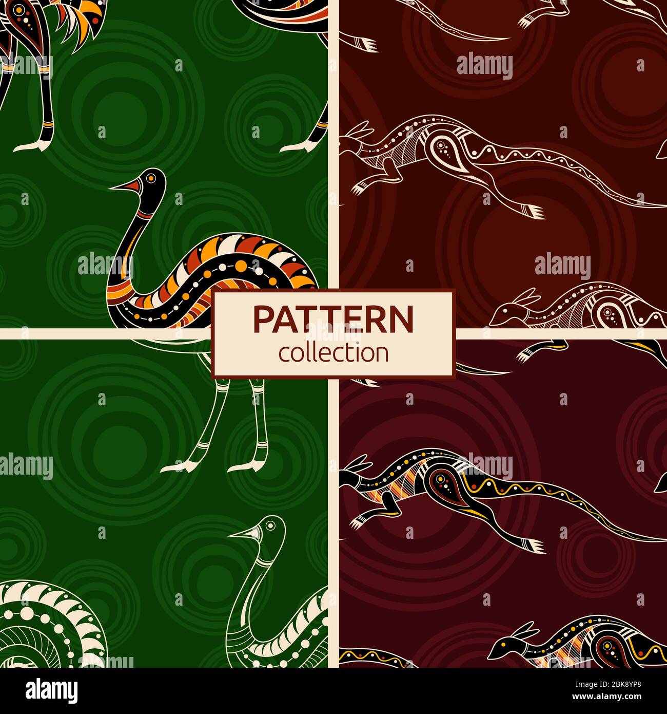 Set di quattro senza cuciture colorate di moda australiana modelli animali. Australian art. Aborigeni stile di pittura, aborigeni ornamento. Illustrazione Vettoriale