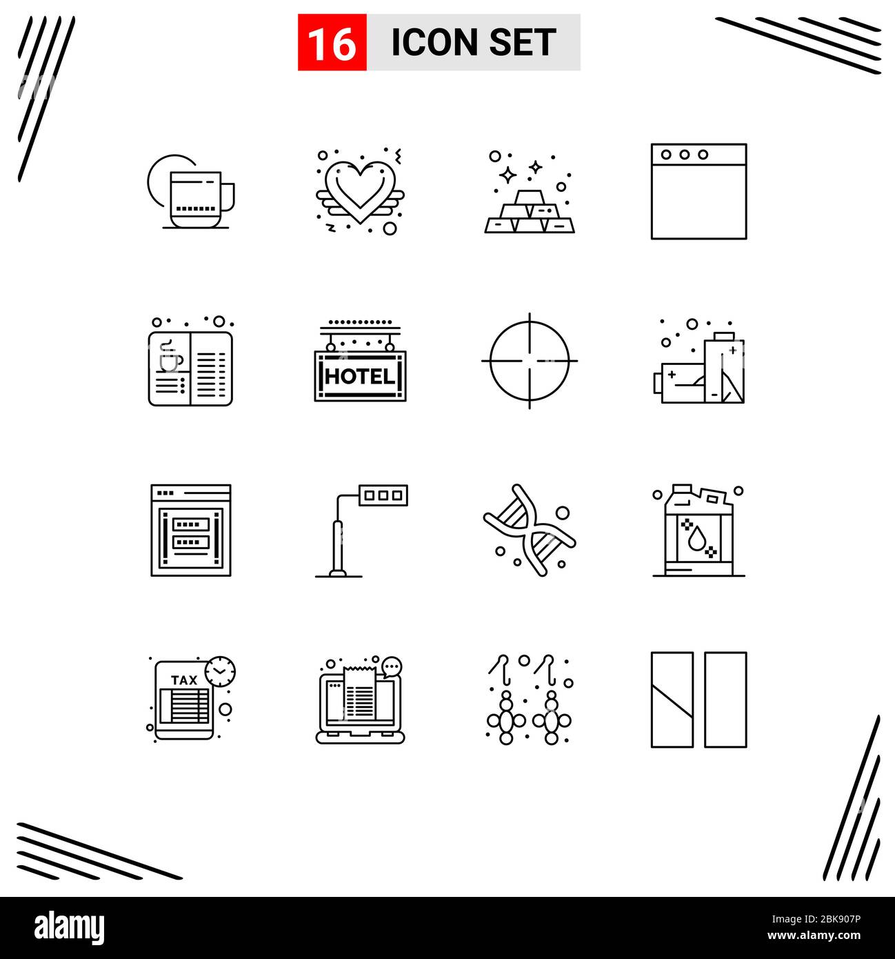 16 User Interface Outline Pack di insegne e simboli moderni di caffè, libro, banche, finestra, app elementi di progettazione vettoriale Illustrazione Vettoriale