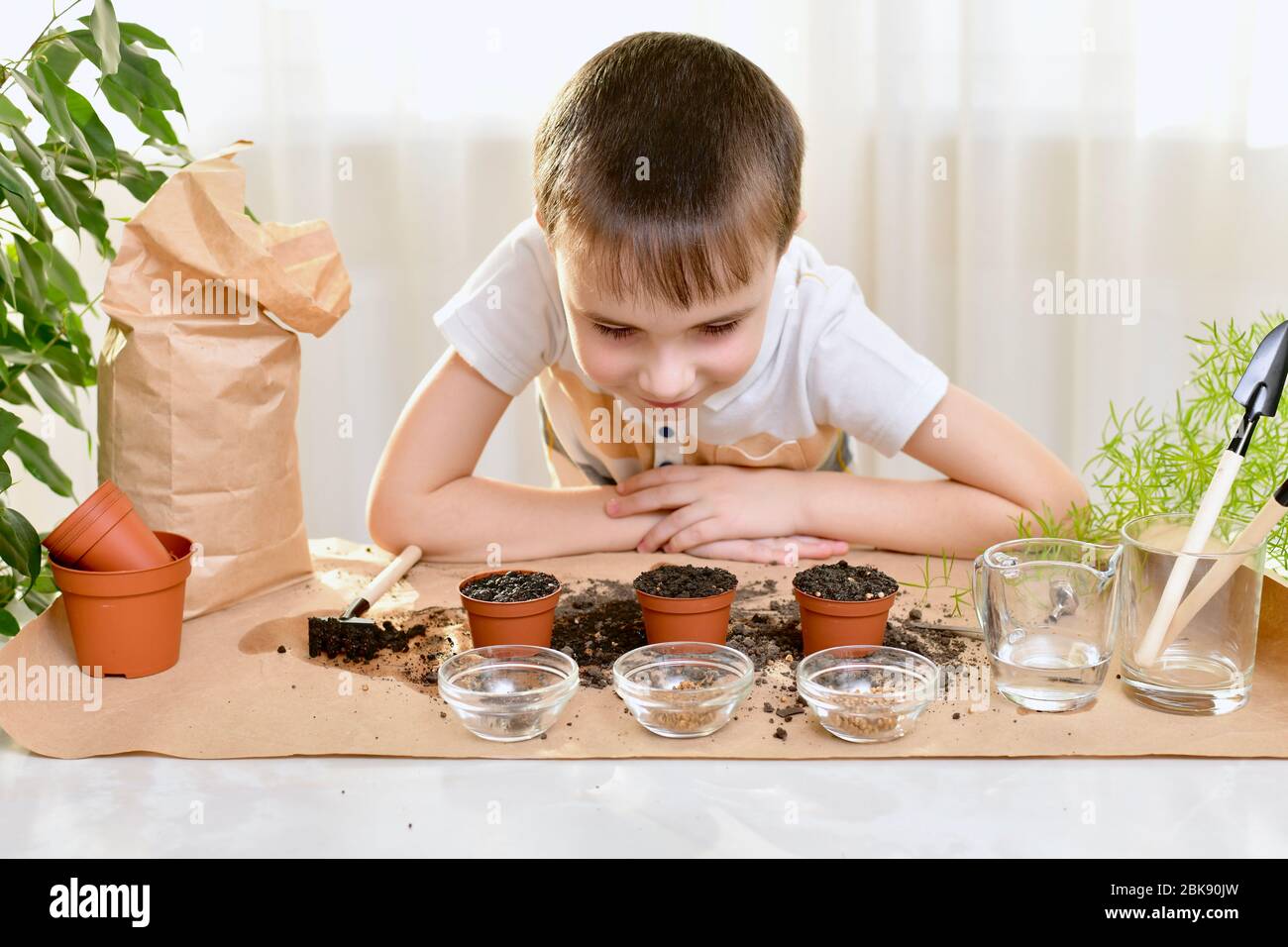 Un bambino è occupato piantando in pentole. Un ragazzo con un sorriso felice guarda i semi seminati in pentole. Foto Stock