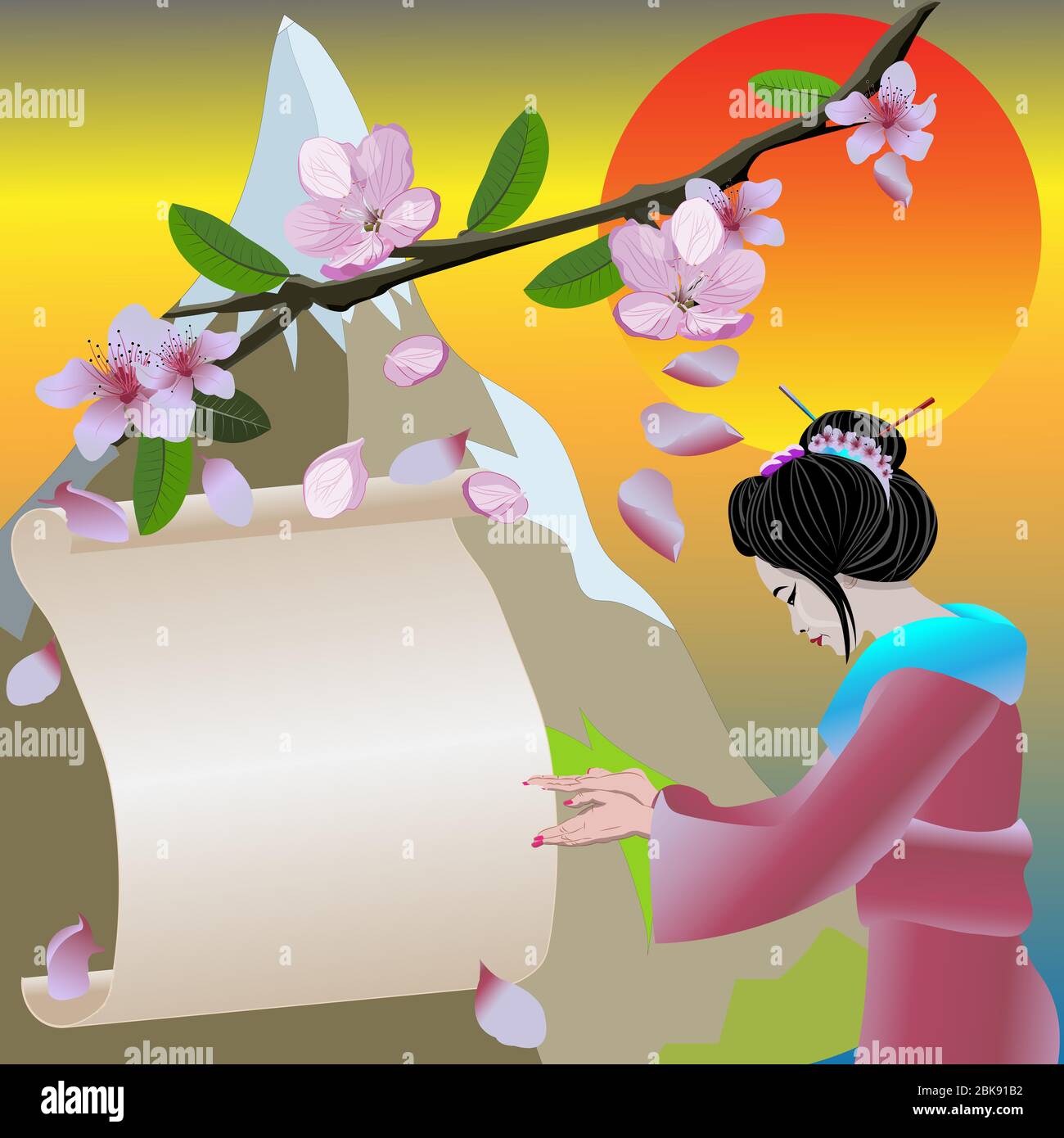 Geisha vettoriale in kimono puntando con le mani al poster per il testo. Dietro sfondo radizionale giapponese con sakura fiori ramo, montagna e. Illustrazione Vettoriale