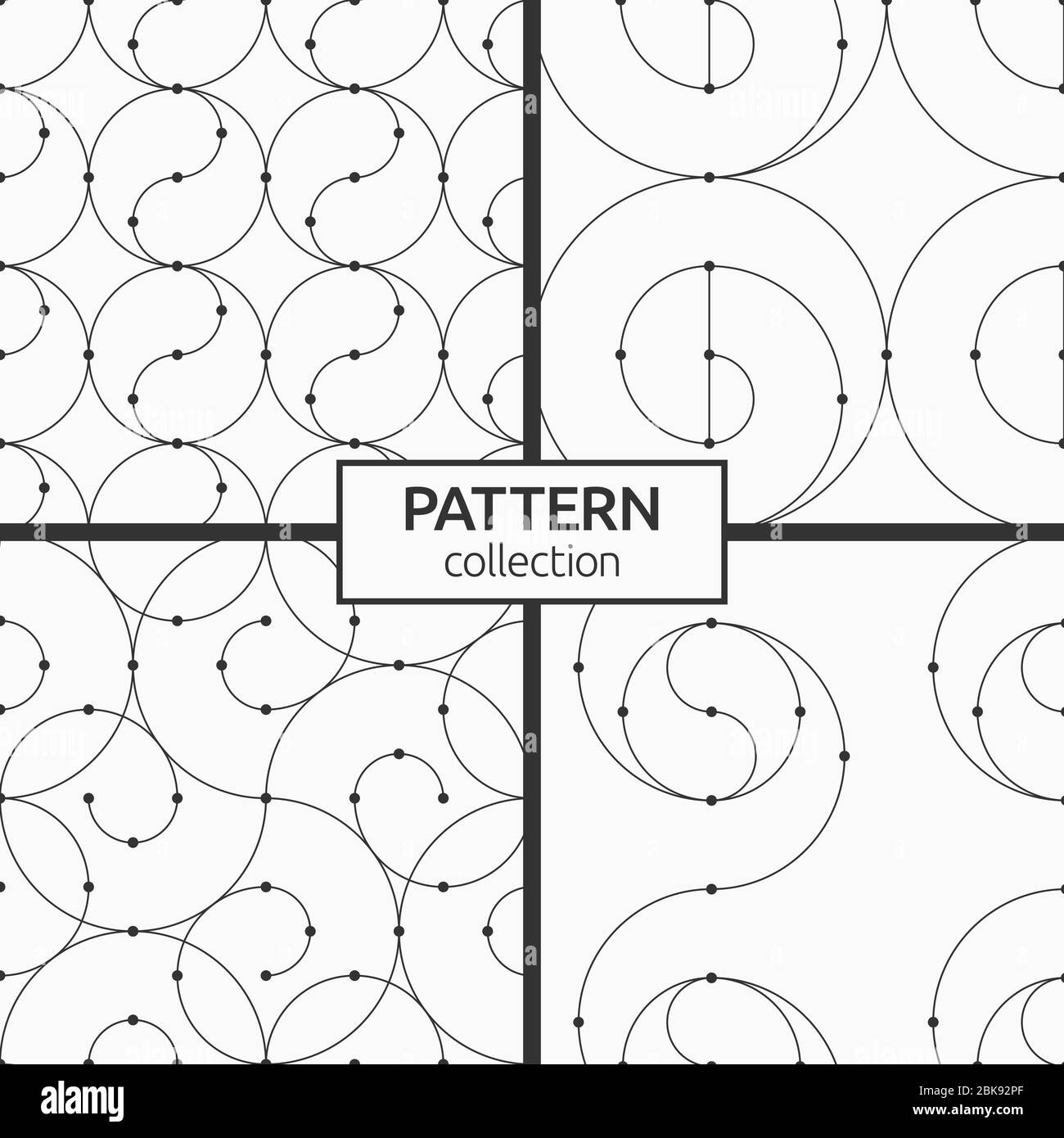 Set di quattro ripetizioni geometriche senza giunture. Sezioni ripetitive con cerchi e linee di collegamento. Stile lineare. Elementi a spirale. Punti nei nodi. Astratto. Illustrazione Vettoriale