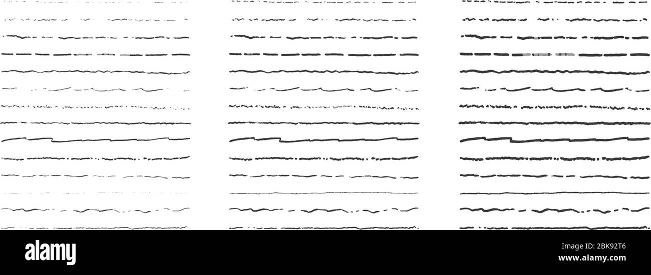 Set di linee, divisori disegnati a mano, sottolineature a dentini, strisce di pennelli di diverso spessore. Frame vettoriale ed elemento di contorno. Illustrazione Vettoriale