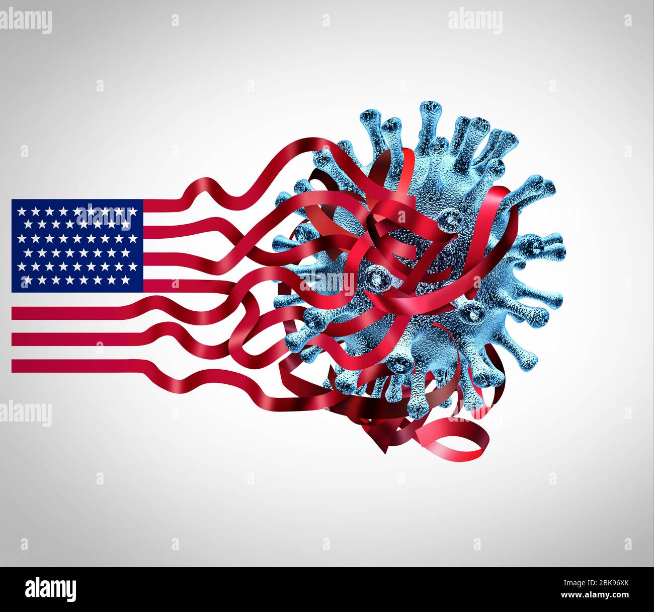 LE sfide DEL coronavirus DEGLI STATI UNITI e le edizioni di infezione del virus del covid-19 degli Stati Uniti come crisi americana di sanità con la bandiera degli Stati Uniti impigliata. Foto Stock