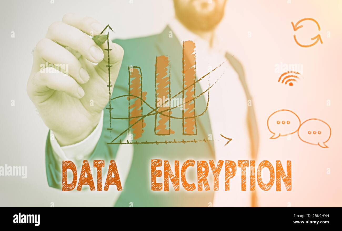 Crittografia dei dati per la scrittura di testi. Foto di lavoro che mostra l'algoritmo Symmetrickey per la crittografia dei dati elettronici Foto Stock