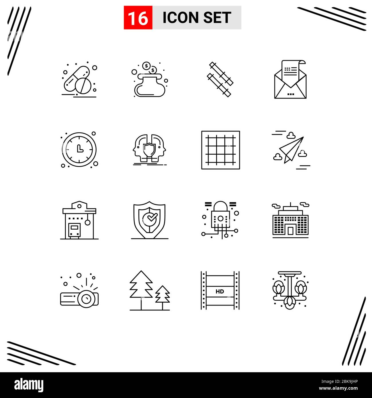 Set moderno di 16 contorni e simboli come orologio da parete, cronometro, e-mail, tempo, posta elementi di progettazione vettoriale editabili Illustrazione Vettoriale
