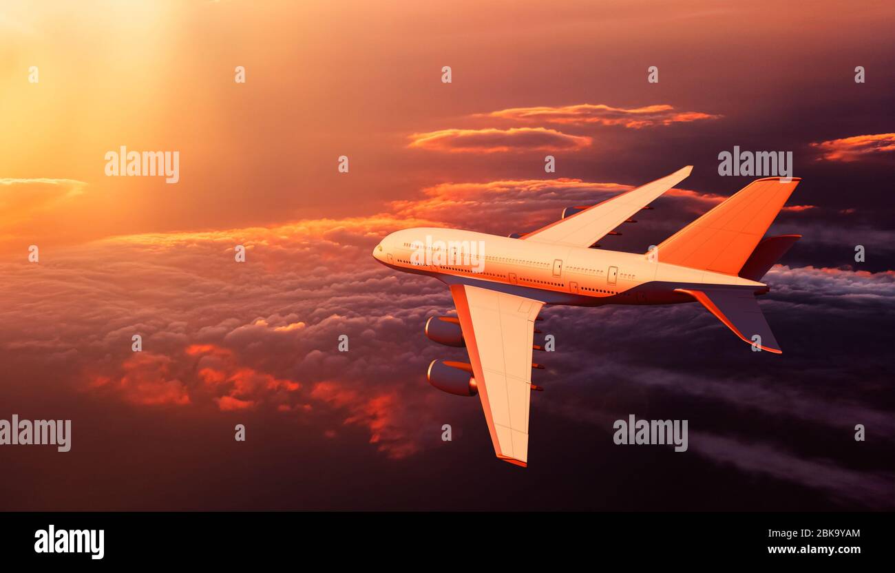Scenario spettacolare con aereo o aereo o aereo in volo sopra le nuvole al tramonto. Viaggi, industria dei trasporti o concetto di trasporto. rendering 3D Foto Stock