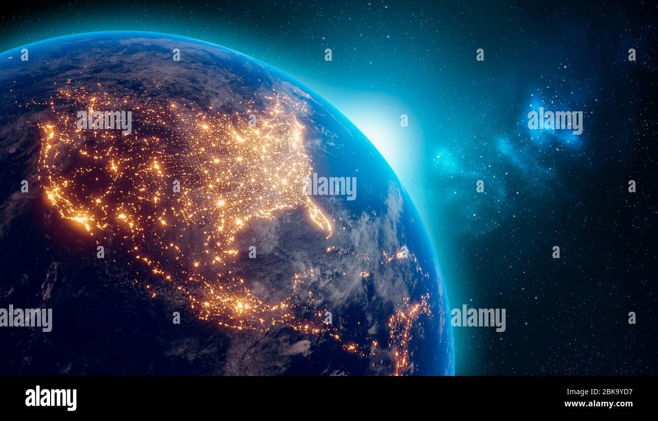 Terra di notte dallo spazio esterno con luci della città sul continente del Nord America. Illustrazione del rendering 3D. Texture mappa terrestre fornita dalla NASA. Con. Di energia Foto Stock