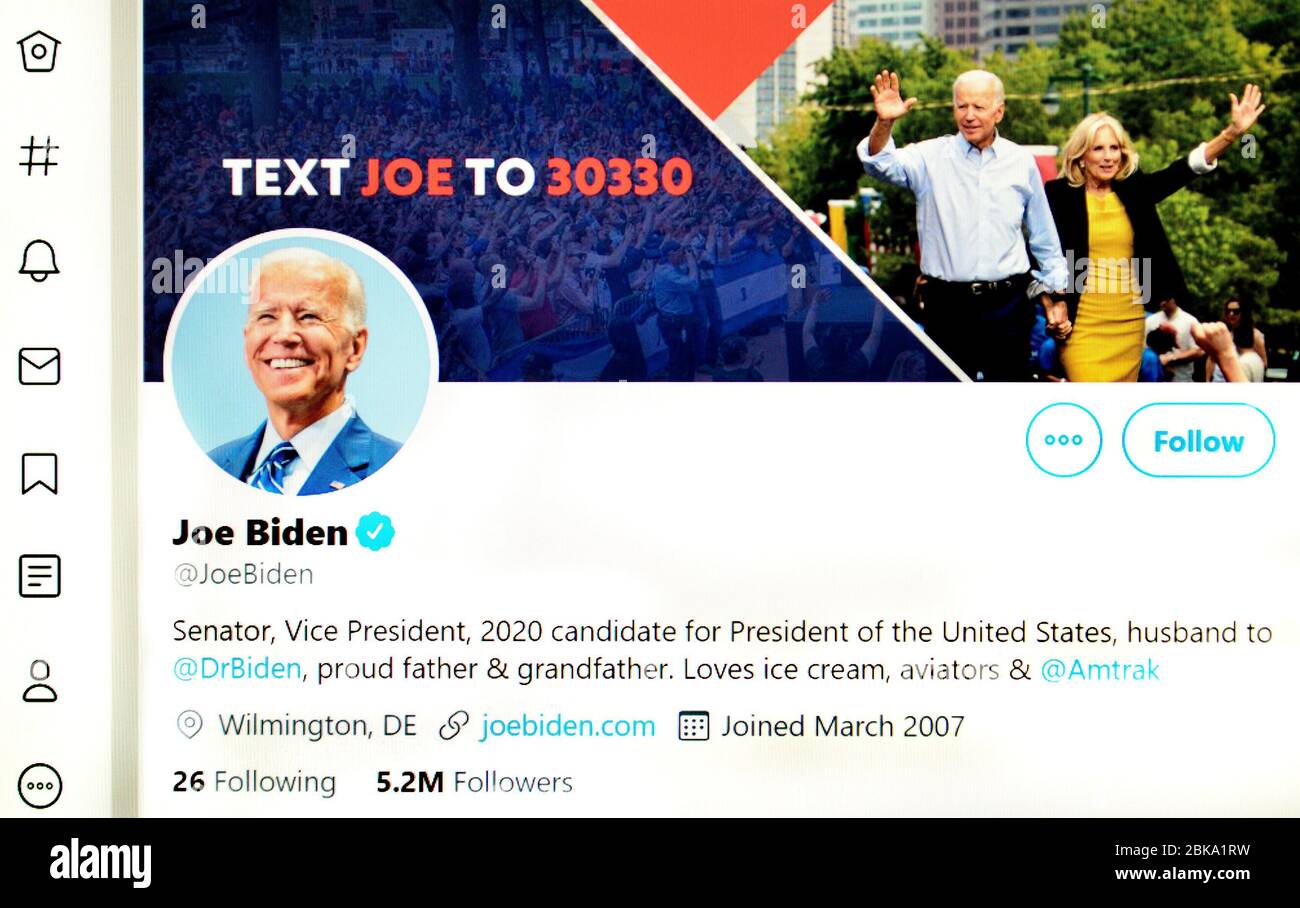 Pagina Twitter (maggio 2020) : Joe Biden, senatore statunitense e candidato presidenziale Foto Stock
