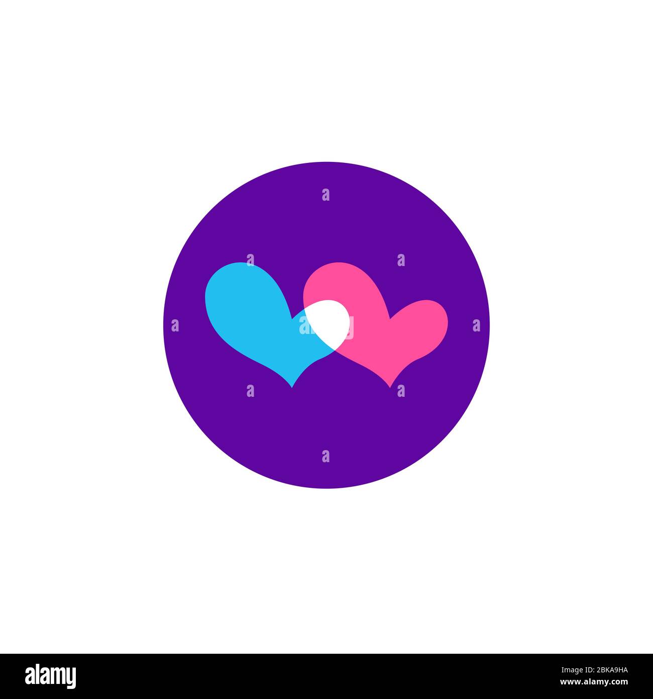 Icona romantici cuori blu e rosa. Icona rotonda isolata su sfondo bianco. Simbolo dell'amore. Felice giorno di San Valentino e matrimonio elementi di design. Vec. Semplice Illustrazione Vettoriale