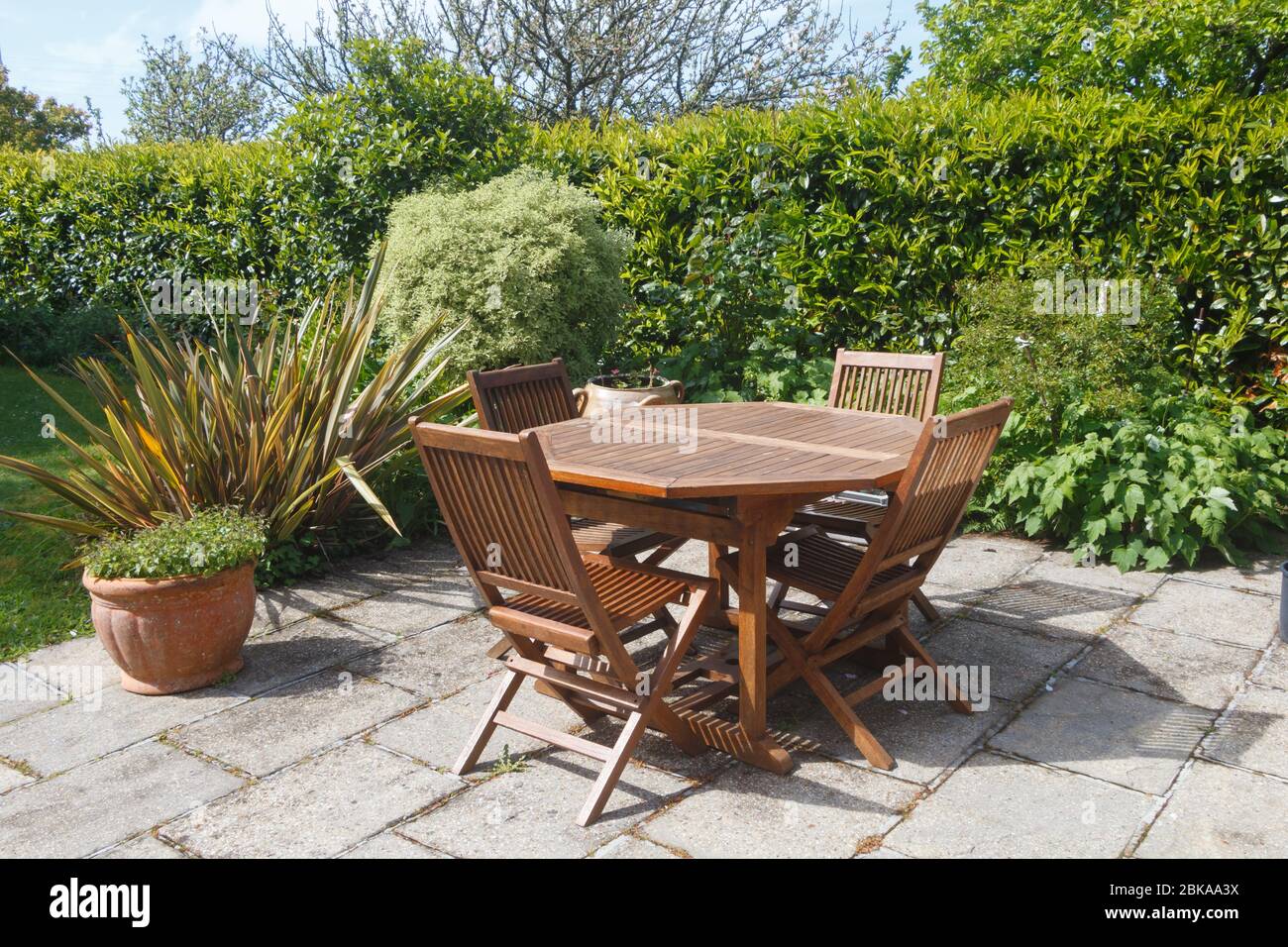 Terrazza e mobili da giardino in legno in un giardino durante la primavera Foto Stock