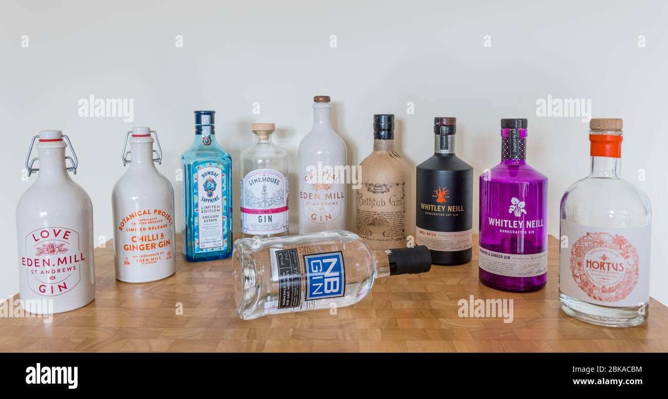 Ableforth's Eden Mill gres, Bombay Sapphire Limited Edition, Limehouse gin, vasca da bagno di Ableforth, Whitley Neill, Hortus & NB Navy Strength Foto Stock