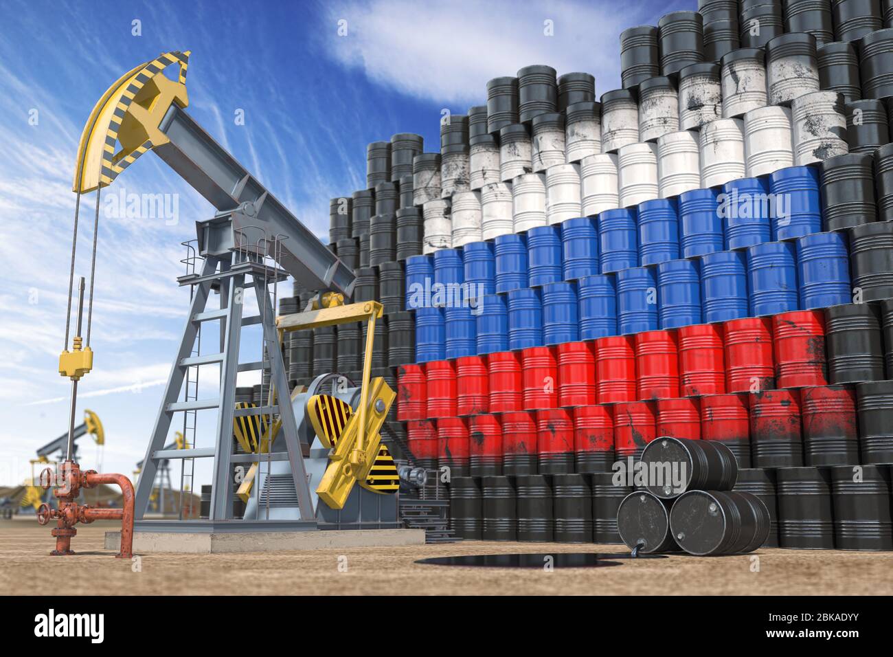 Produzione ed estrazione di petrolio in Russia. Martinetto della pompa dell'olio e barili dell'olio con bandiera russa. illustrazione 3d Foto Stock