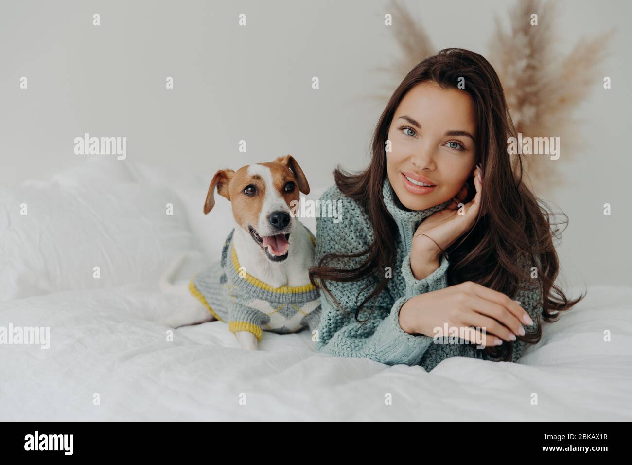 Scatto orizzontale di piacevole donna tenera che osserva passa il tempo libero con l'animale domestico favorito, guarda direttamente alla macchina fotografica, gode l'atmosfera domestica, si preoccupa circa Foto Stock