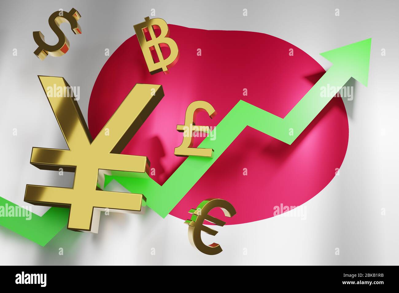 JYP Japanese Yen Currency with Japan National Flag Money Exchange Rate Grow Rising Up Business Financial Concept, 3D rendering. Foto Stock