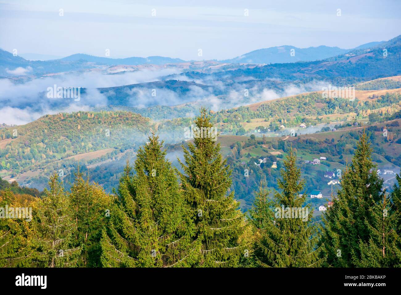 paesaggio montano all'inizio dell'autunno mattina. vista aperta con foresta sul prato di fronte a una valle lontana piena di nebbia. paesaggio naturale mozzafiato. se Foto Stock