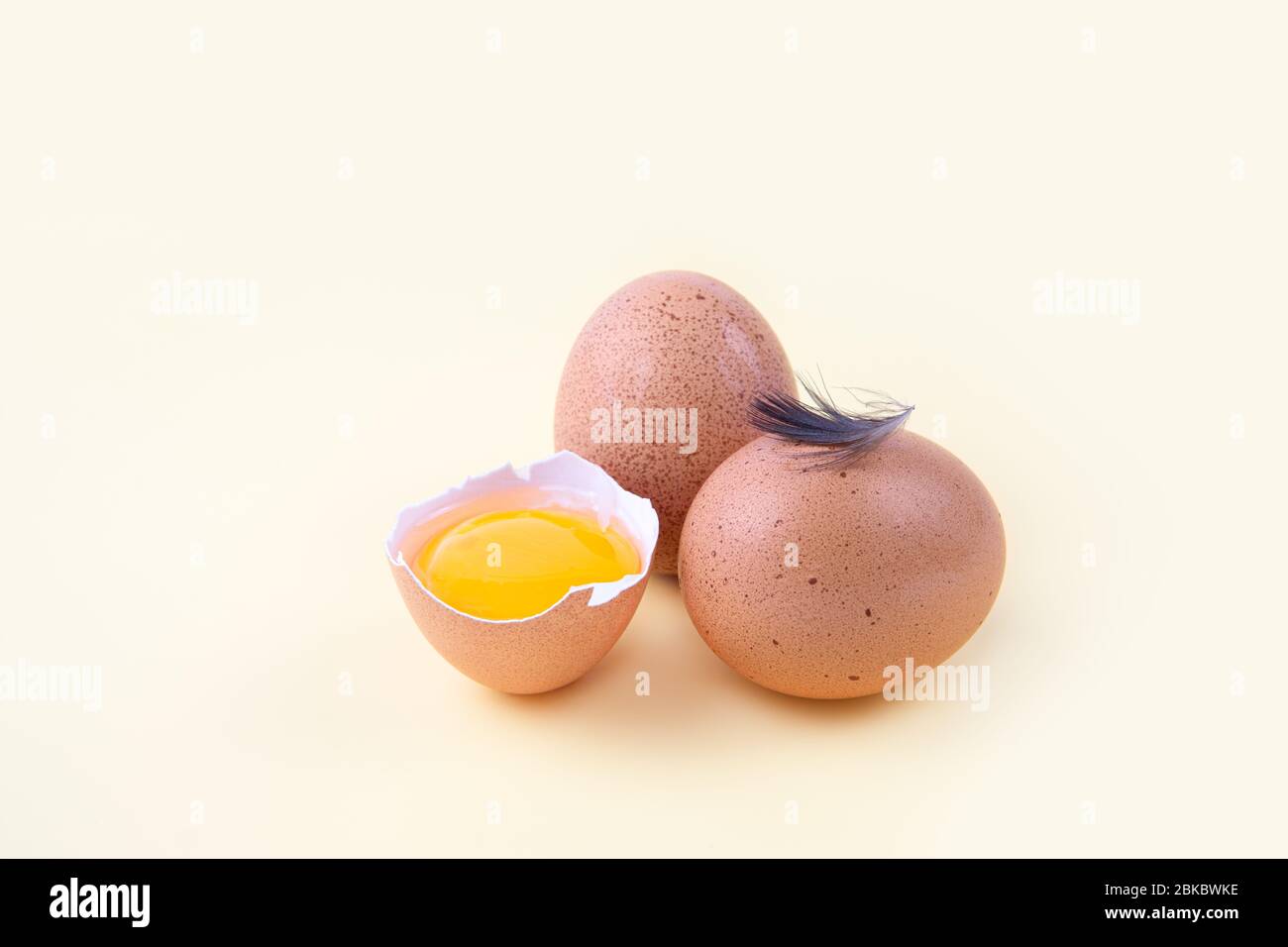 Uova di pollo, un uovo semitelato con tuorlo e una piccola piuma su uno sfondo neutro. Primo piano, messa a fuoco selettiva. Concetto di mercato biologico Foto Stock
