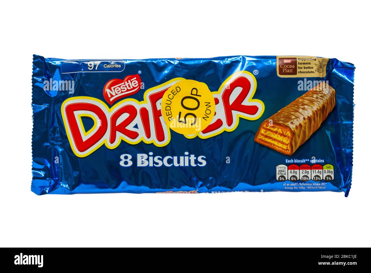 Pacchetto di biscotti Nestle Drifter, barre di biscotto ridotte a 50p isolato su sfondo bianco Foto Stock