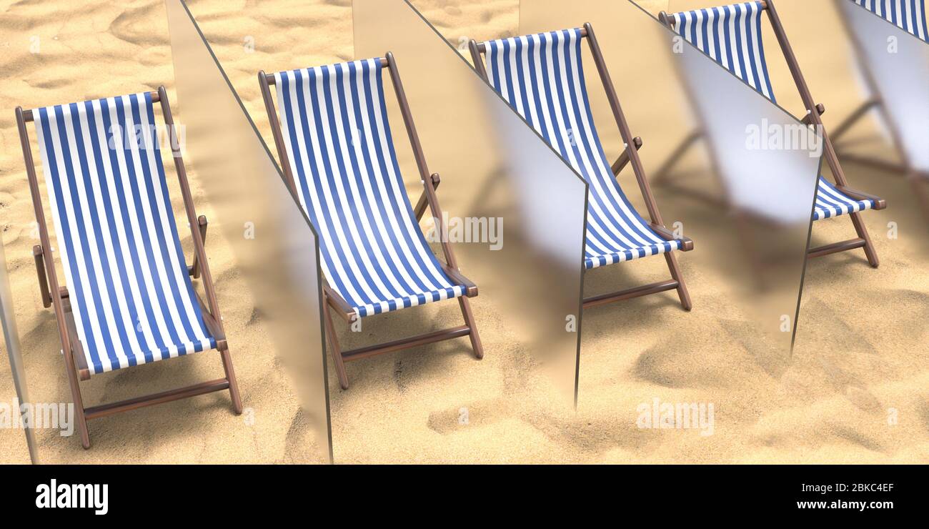 COVID 19 protezione sulla vacanza in spiaggia. Separazione, distanza sociale durante le vacanze estive. Sedie a sdraio separate da pareti di vetro su sfondo di sabbia. Foto Stock