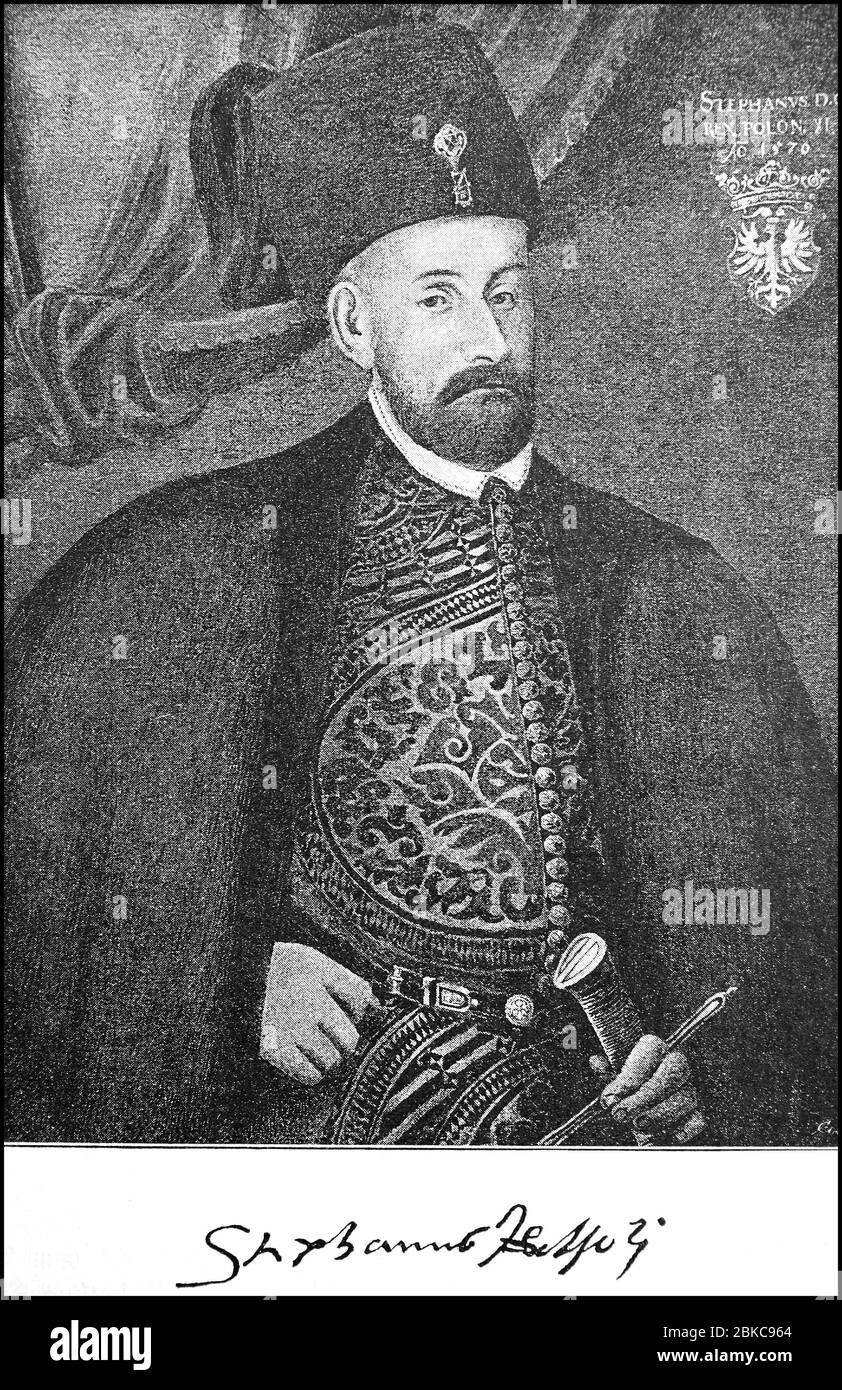 Stefan Batory, 27 settembre 1533 - 12 dicembre 1586, fu eletto Principe della Transilvania dal 1,571 al 1,576 e dal 1576, quando Re di Polonia e Granduca di Lituania / Stephan Báthory, 27. 1533 settembre - 12. Dezember 1586, war 1571–1576 gewählter Fürst von Siebenbürgen und ab 1576, als König von Polen und Großfürst von Litauen, Historisch, riproduzione storica e digitale migliorata di un originale del 19 ° secolo / digitale Reproduktion einer Originalvorlage aus dem 19. Jahrhundert Foto Stock