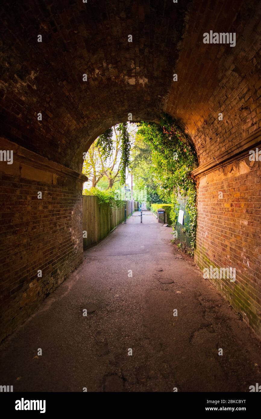 sentiero sotto l'arco del ponte a richmond londra Foto Stock