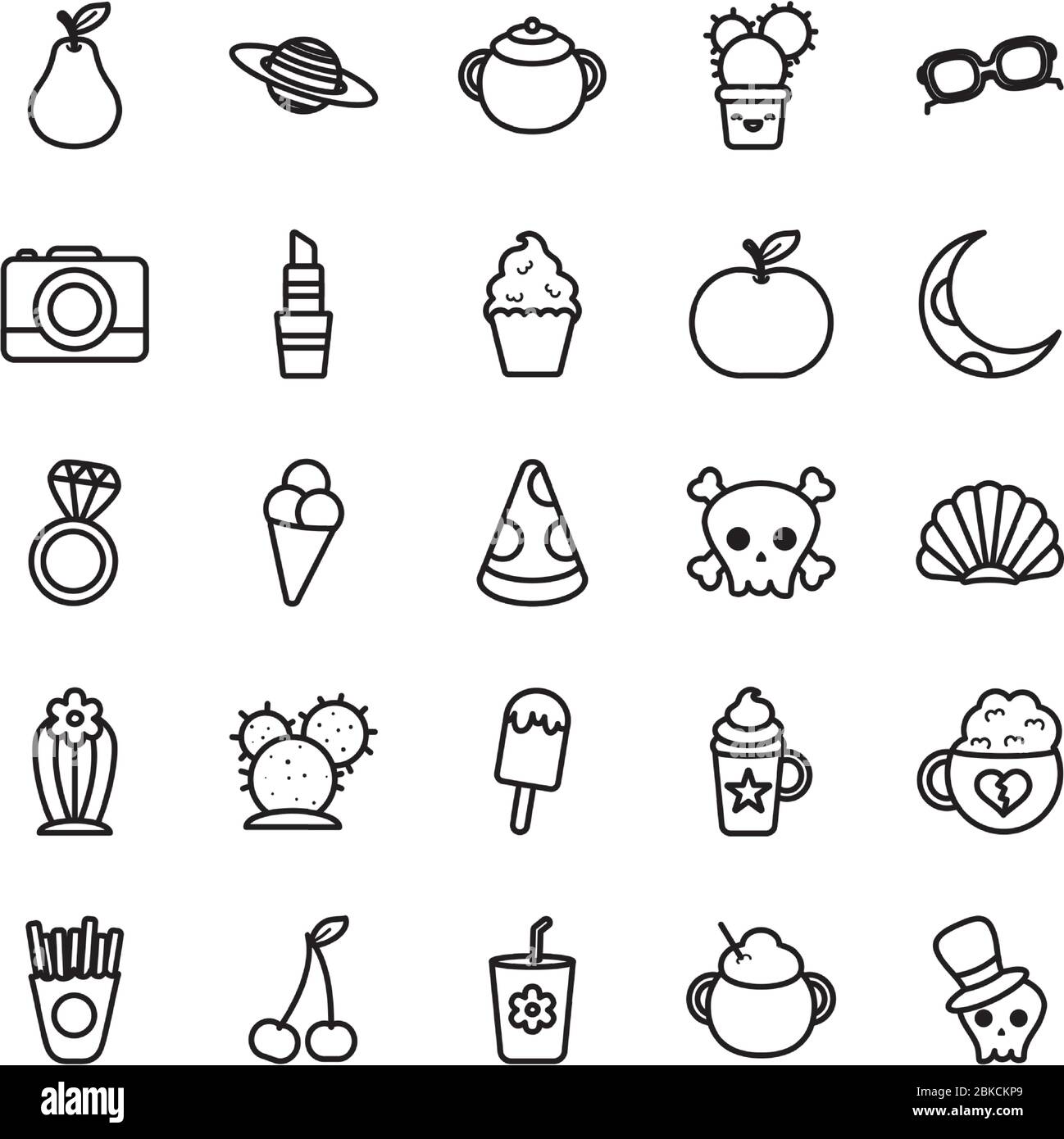 icona di frutta e prodotti a base di pera su sfondo bianco, stile linea, illustrazione vettoriale Illustrazione Vettoriale