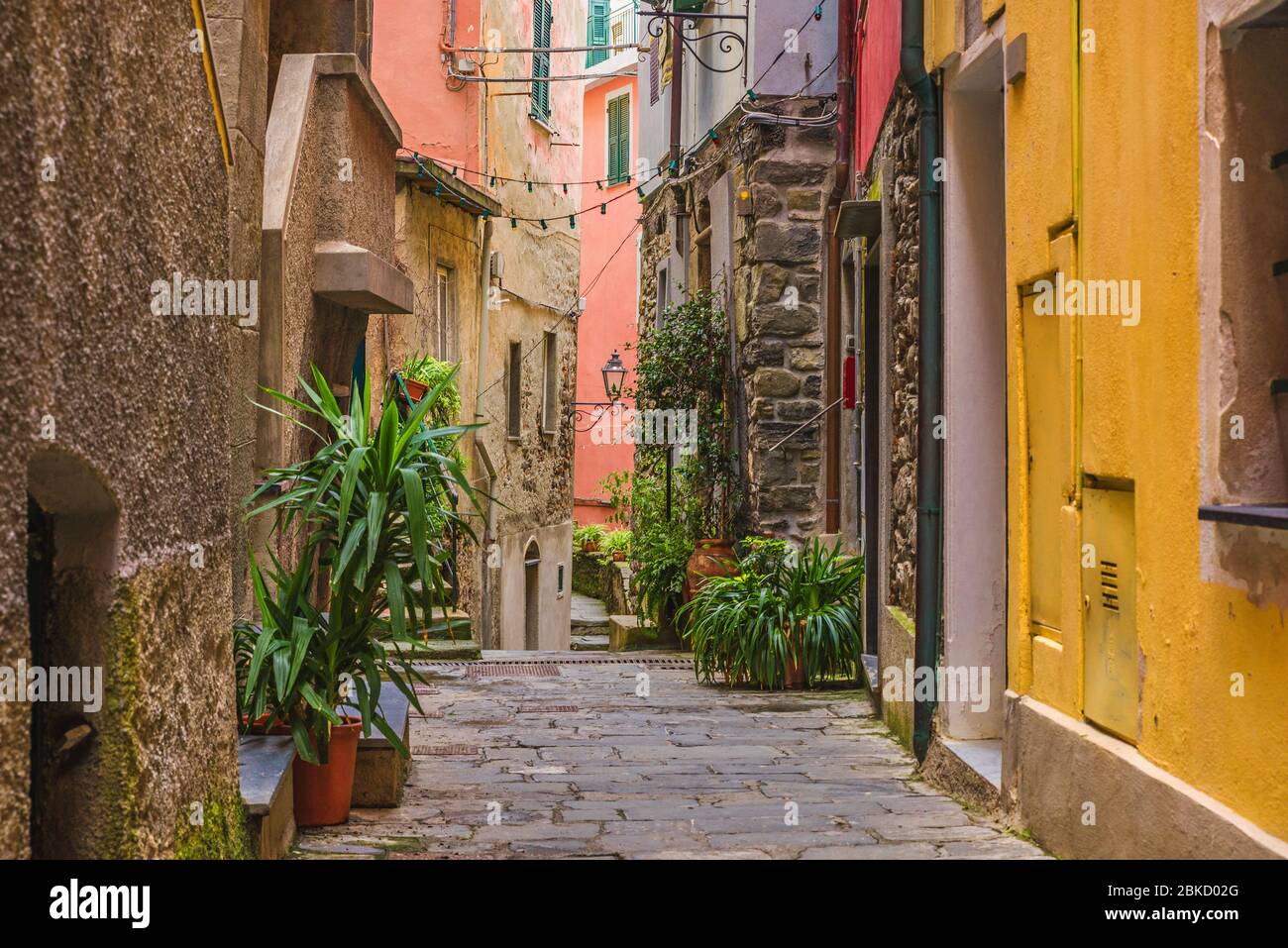 Vecchia strada medievale nella città italiana Vernazza con nessuno sulla costa delle cinque Terre, Liguria, Italia, Europa Foto Stock