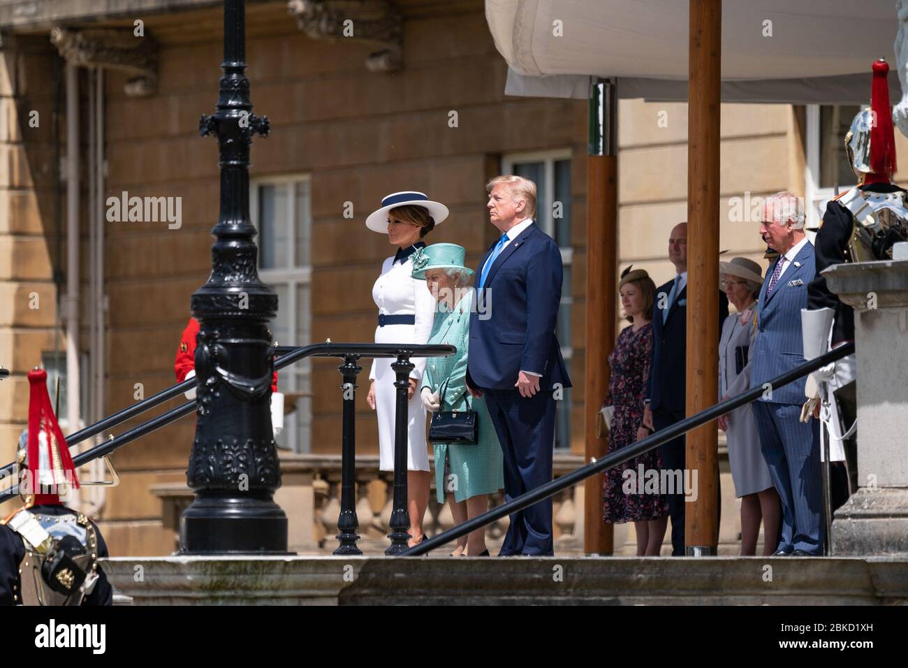Il 3 giugno 2019, il presidente Donald Trump, la First Lady Melania Trump e la regina Elisabetta II hanno partecipato a una cerimonia di benvenuto a Buckingham Palace a Londra come parte della visita ufficiale dei Trumps nel Regno Unito. Foto Stock