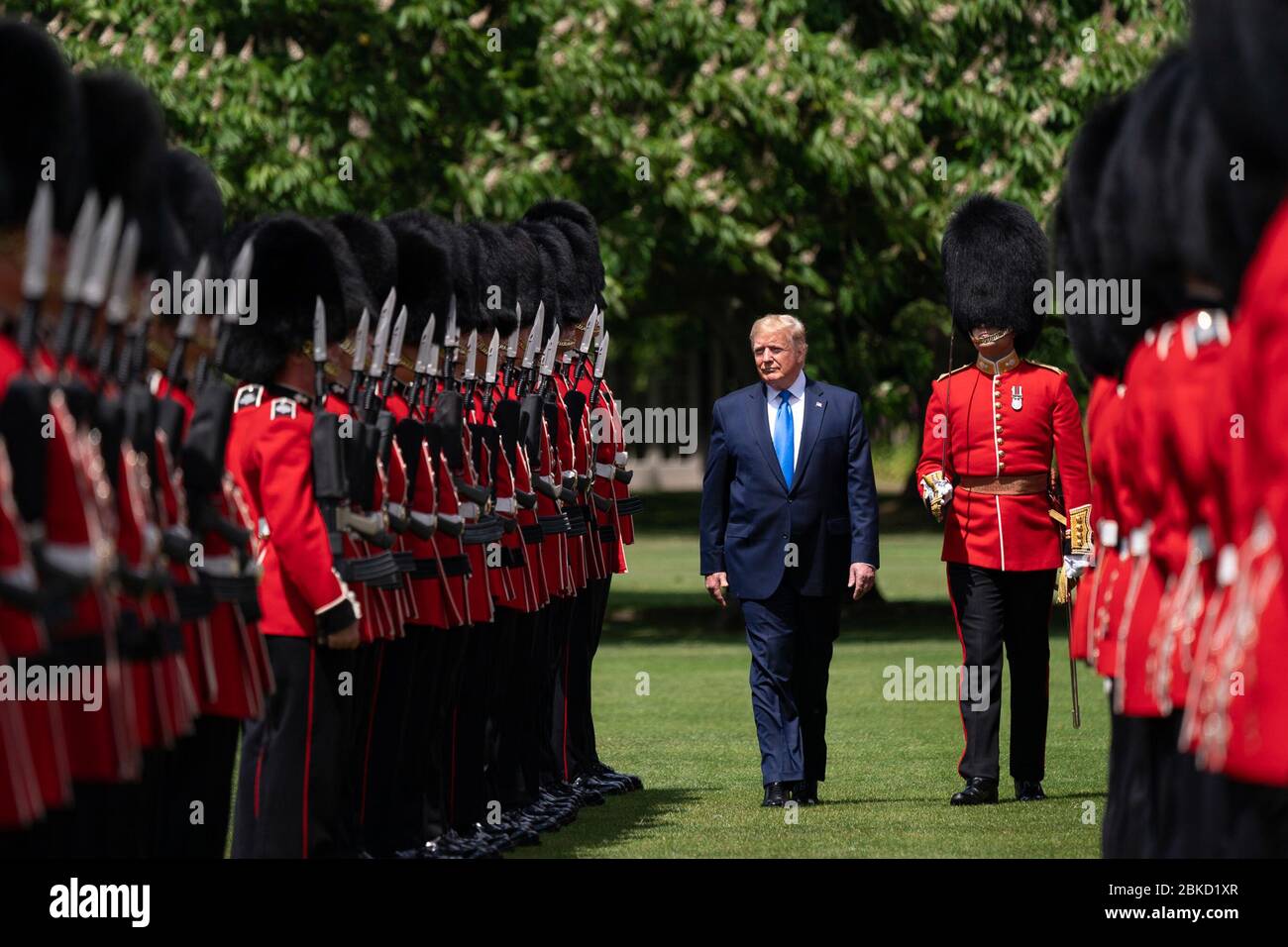 Il 3 giugno 2019, il presidente Donald J. Trump ha partecipato ad una cerimonia ufficiale di benvenuto a Buckingham Palace, Londra, dove ha ispezionato la Guardia d'Onore. L'evento segnò l'inizio della sua visita di stato nel Regno Unito. Foto Stock