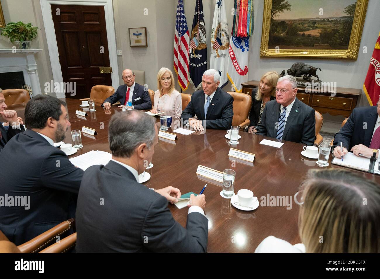 Il 17 giugno 2019, il vicepresidente Mike Pence ha incontrato il vice primo ministro italiano Matteo Salvini nella sala Roosevelt della Casa Bianca. Hanno discusso le relazioni USA-Italia e le questioni di sicurezza europea. Foto Stock