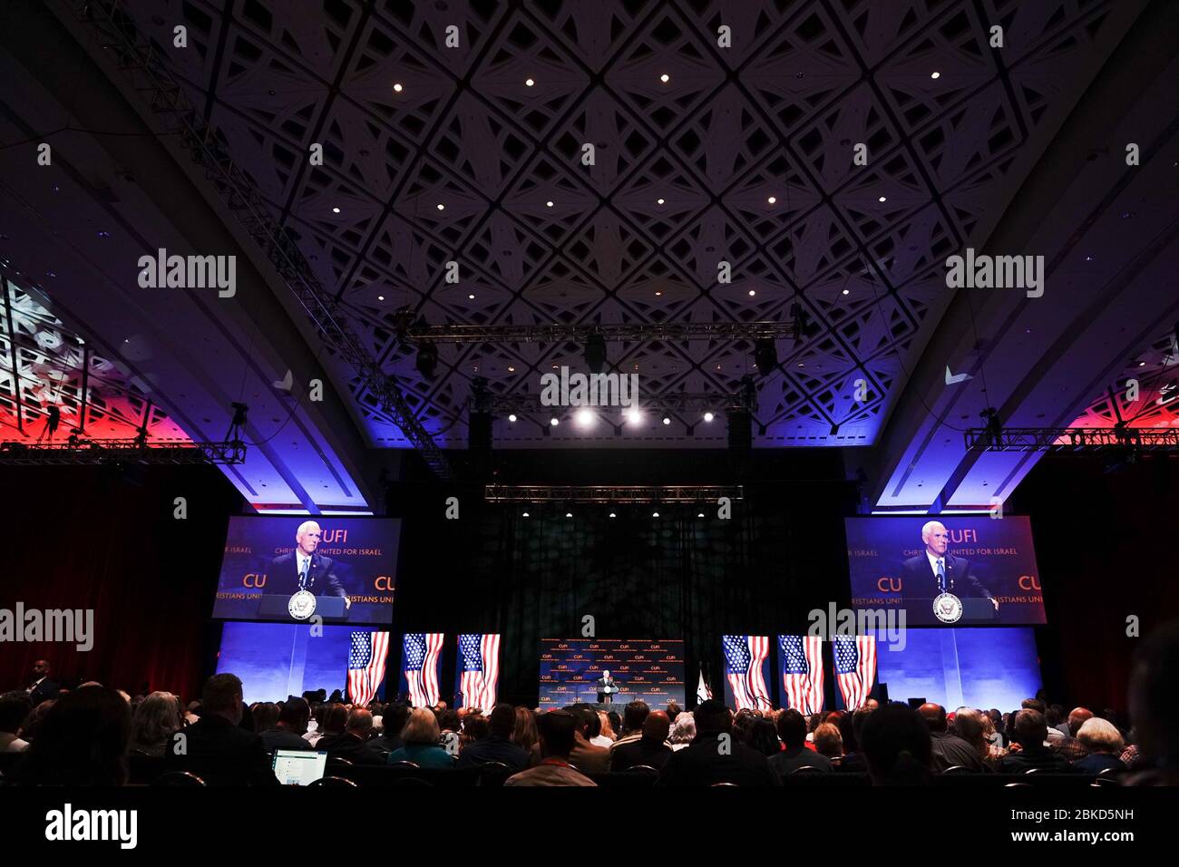 L'8 luglio 2019, il vicepresidente Mike Pence ha fatto delle osservazioni al Summit di Washington, tenutosi a Washington, D.C., discutendo del sostegno degli Stati Uniti a Israele e dell'importanza di rafforzare le relazioni USA-Israele. Foto Stock