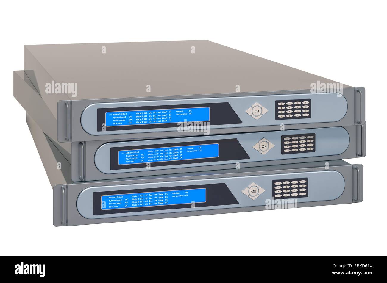Set di server blade per computer, rendering 3D isolato su sfondo bianco Foto Stock