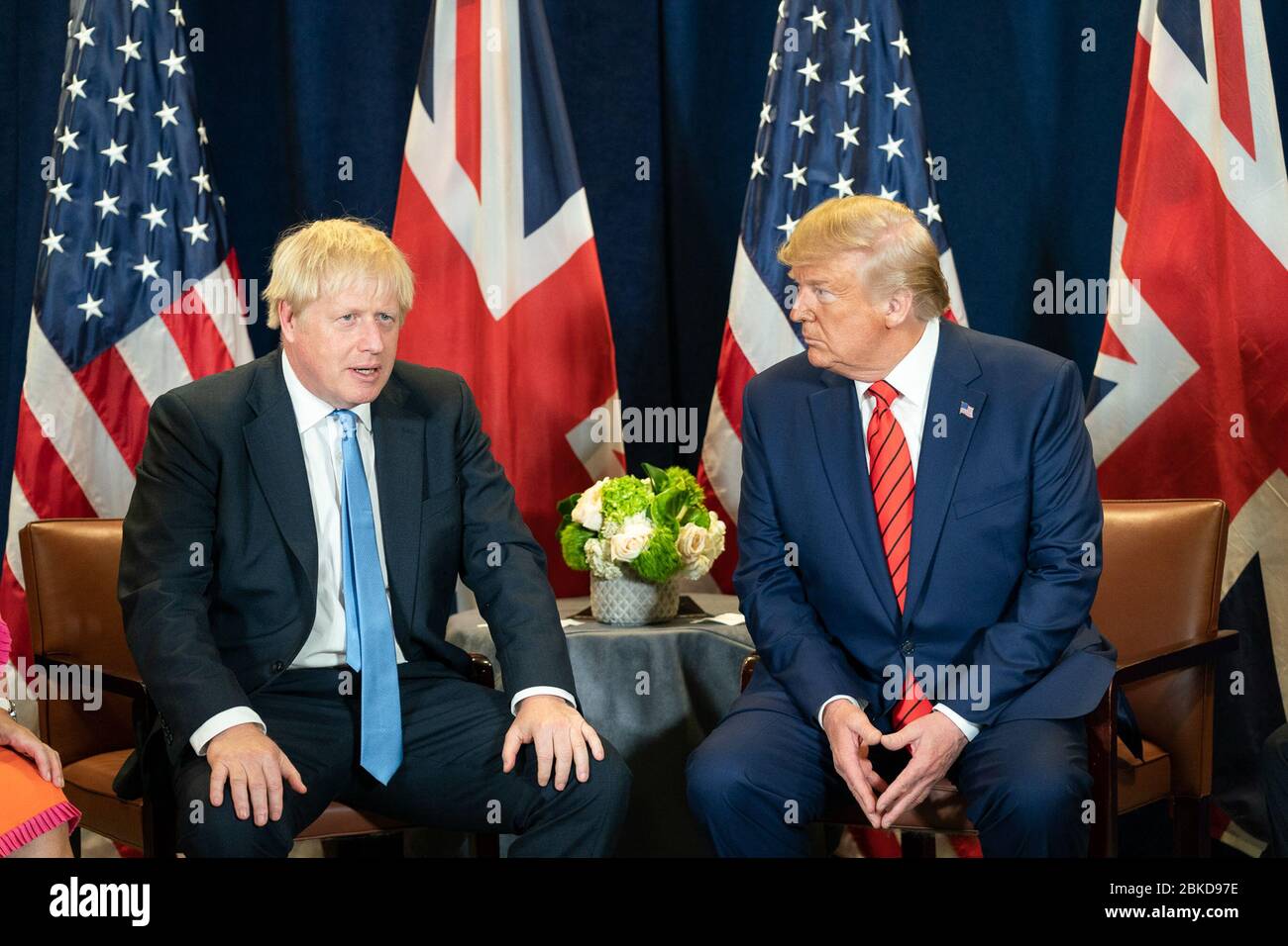 Il 24 settembre 2019, il presidente Donald J. Trump ha incontrato il primo ministro britannico Boris Johnson presso la sede delle Nazioni Unite a New York per una discussione bilaterale. Il vicepresidente Mike Pence ha partecipato alla riunione. Foto Stock
