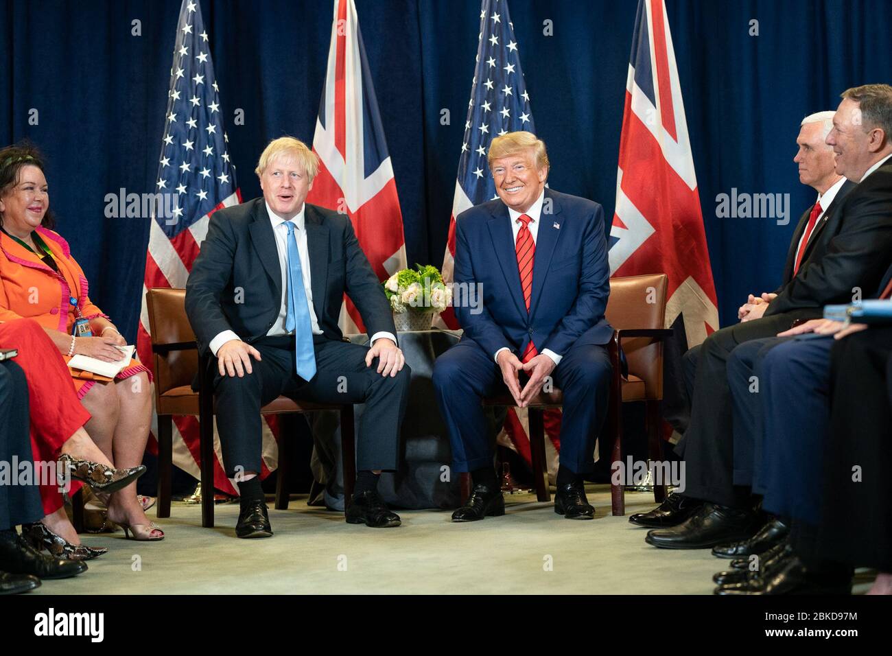Il 24 settembre 2019, il presidente degli Stati Uniti Donald Trump ha incontrato il primo ministro britannico Boris Johnson per un incontro bilaterale presso il quartier generale delle Nazioni Unite a New York, con la partecipazione del vicepresidente Mike Pence. Foto Stock