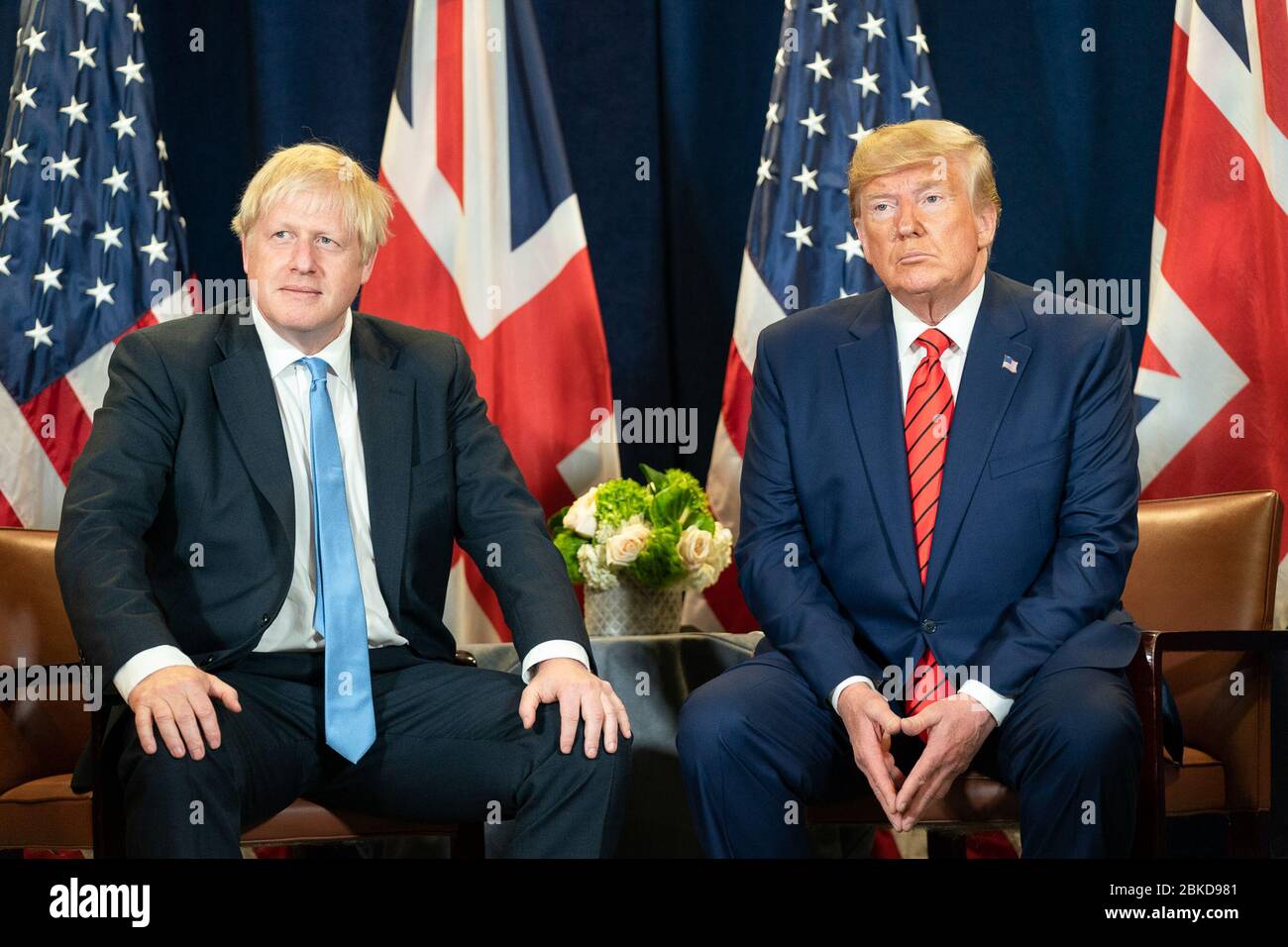 Il 24 settembre 2019, il presidente Donald J. Trump ha incontrato il primo ministro britannico Boris Johnson presso la sede delle Nazioni Unite a New York per discutere le relazioni bilaterali. Anche il vicepresidente Mike Pence ha partecipato alla riunione, parte delle discussioni all'Assemblea generale delle Nazioni Unite (UNGA). Foto Stock