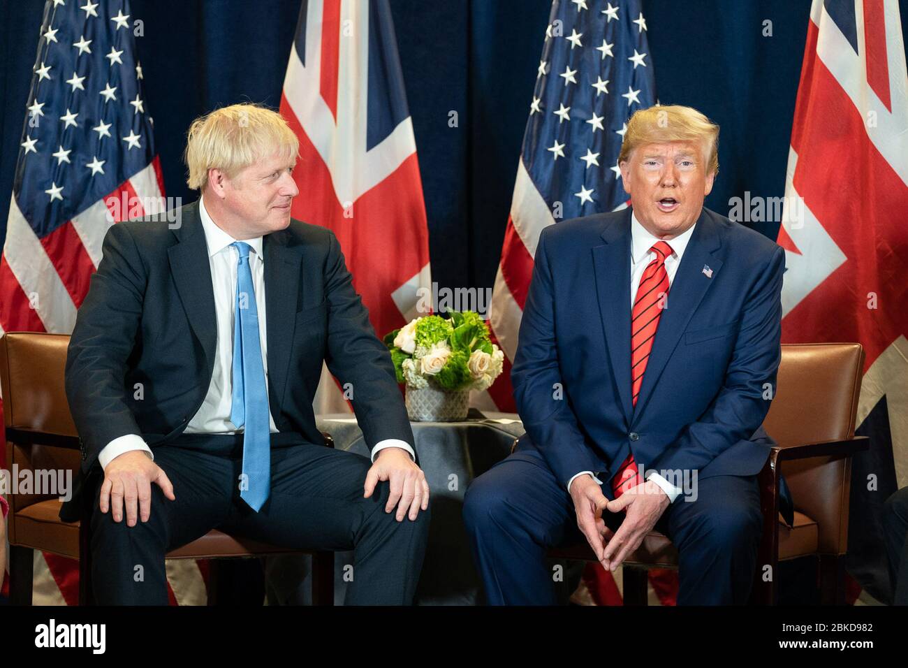 Il Presidente Donald J. Trump partecipa a un incontro bilaterale con il primo Ministro britannico Boris Johnson martedì 24 settembre 2019, presso la sede delle Nazioni Unite a New York. Il Vice Presidente Mike Pence partecipa. N. UNGA Foto Stock