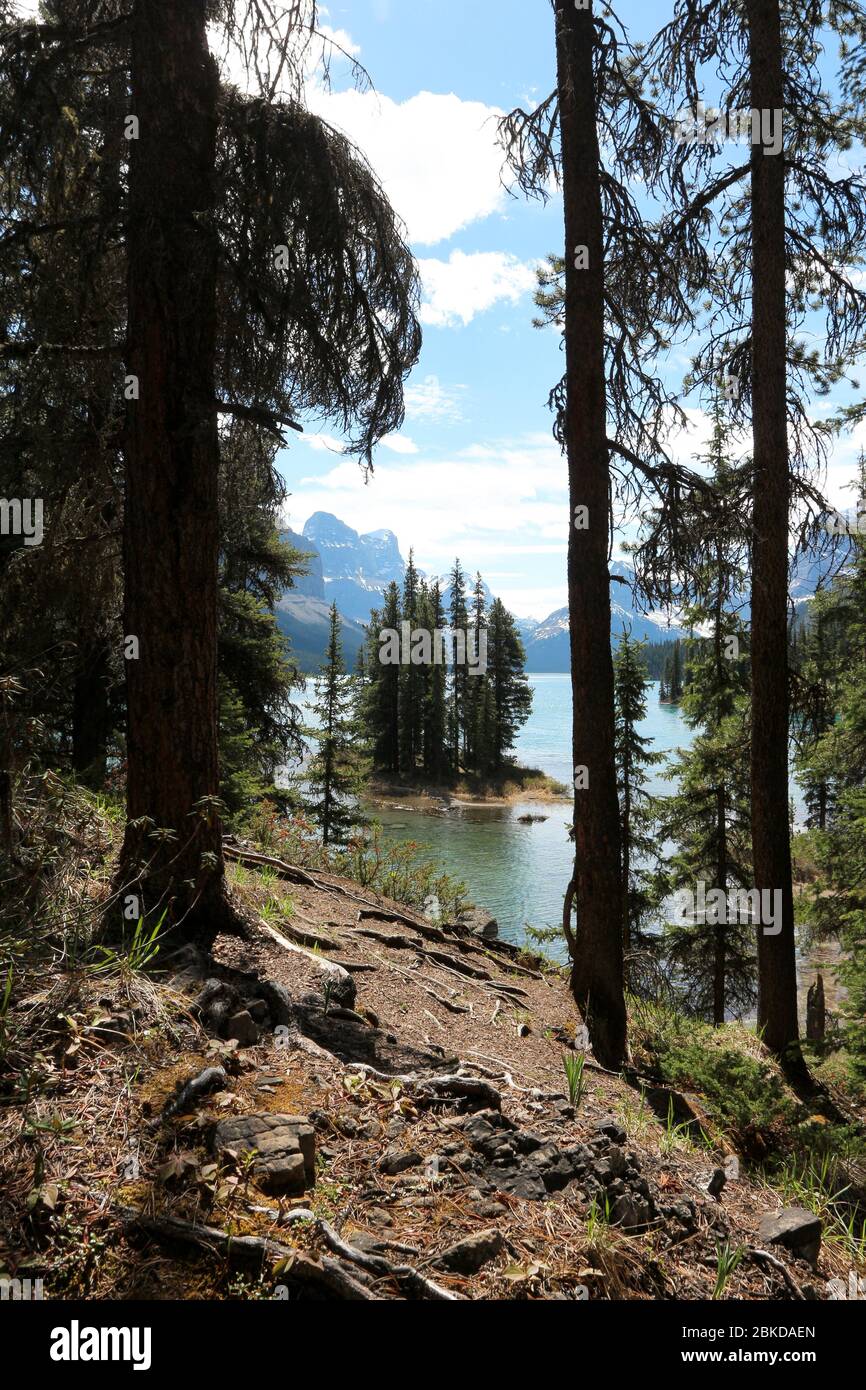 Spirit Island, Lago Maligne, Jasper, Alberta, Canada, 05/25/2018. La splendida e tranquilla isola dello spirito, situata nel ghiacciaio formò Rocky Mountain va Foto Stock