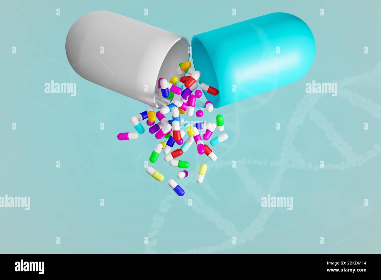 Capsule a colori per farmaci, rendering di illustrazioni 3D Foto Stock