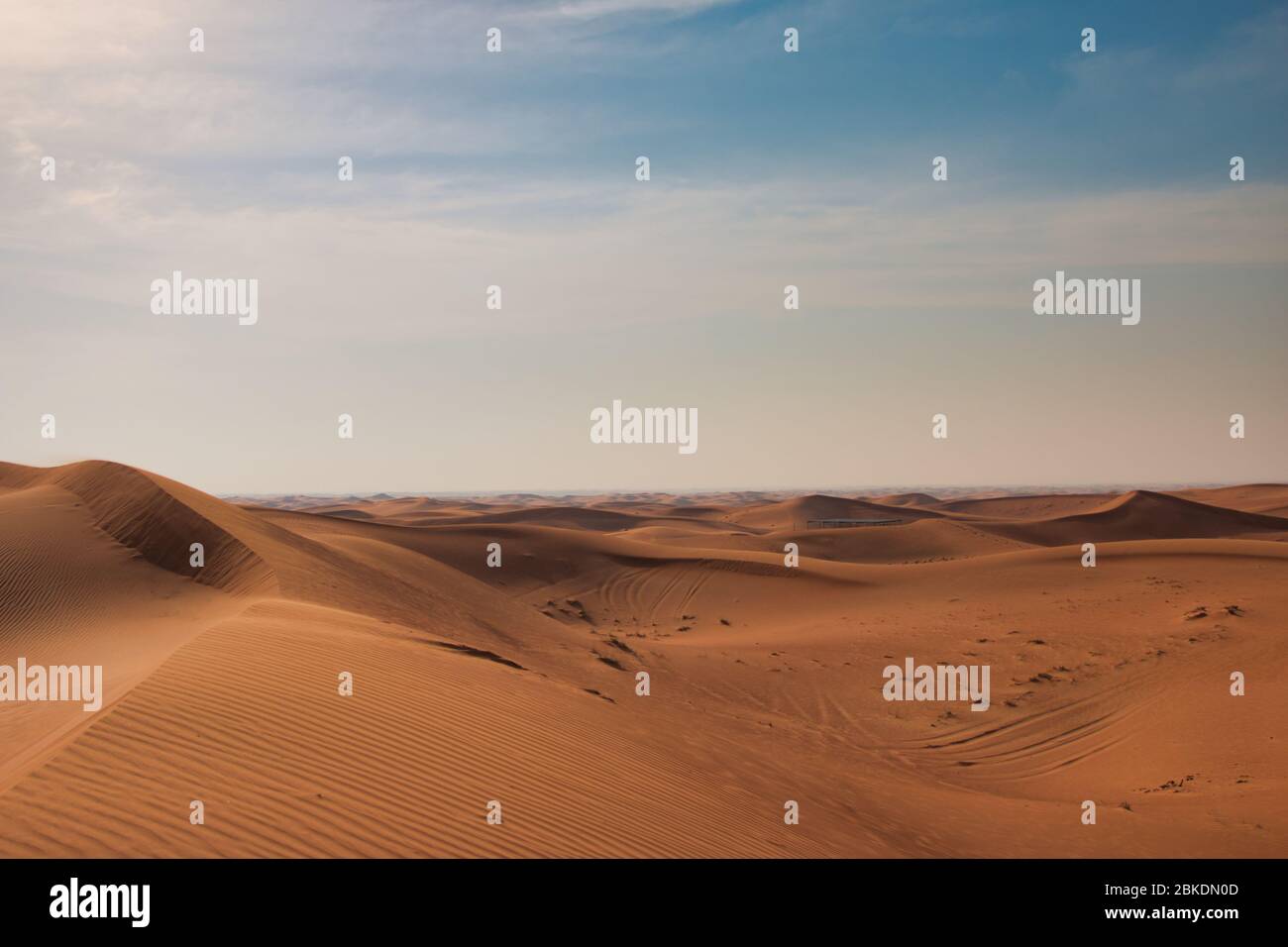 Miglia e miglia di deserto nella calda Dubai Emirati Arabi Uniti. Foto Stock