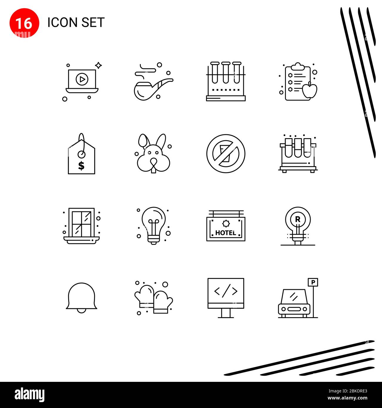Set di 16 icone moderne UI simboli segni per tag, prezzo, erlenmeyer fiasca, Health clipboard, Apple Editable Vector Design Elements Illustrazione Vettoriale