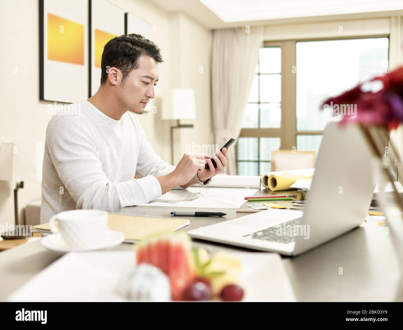 giovane asiatico uomo design professionale di lavoro da casa seduta in cucina utilizzando cellulare (grafica in background alterata digitalmente) Foto Stock