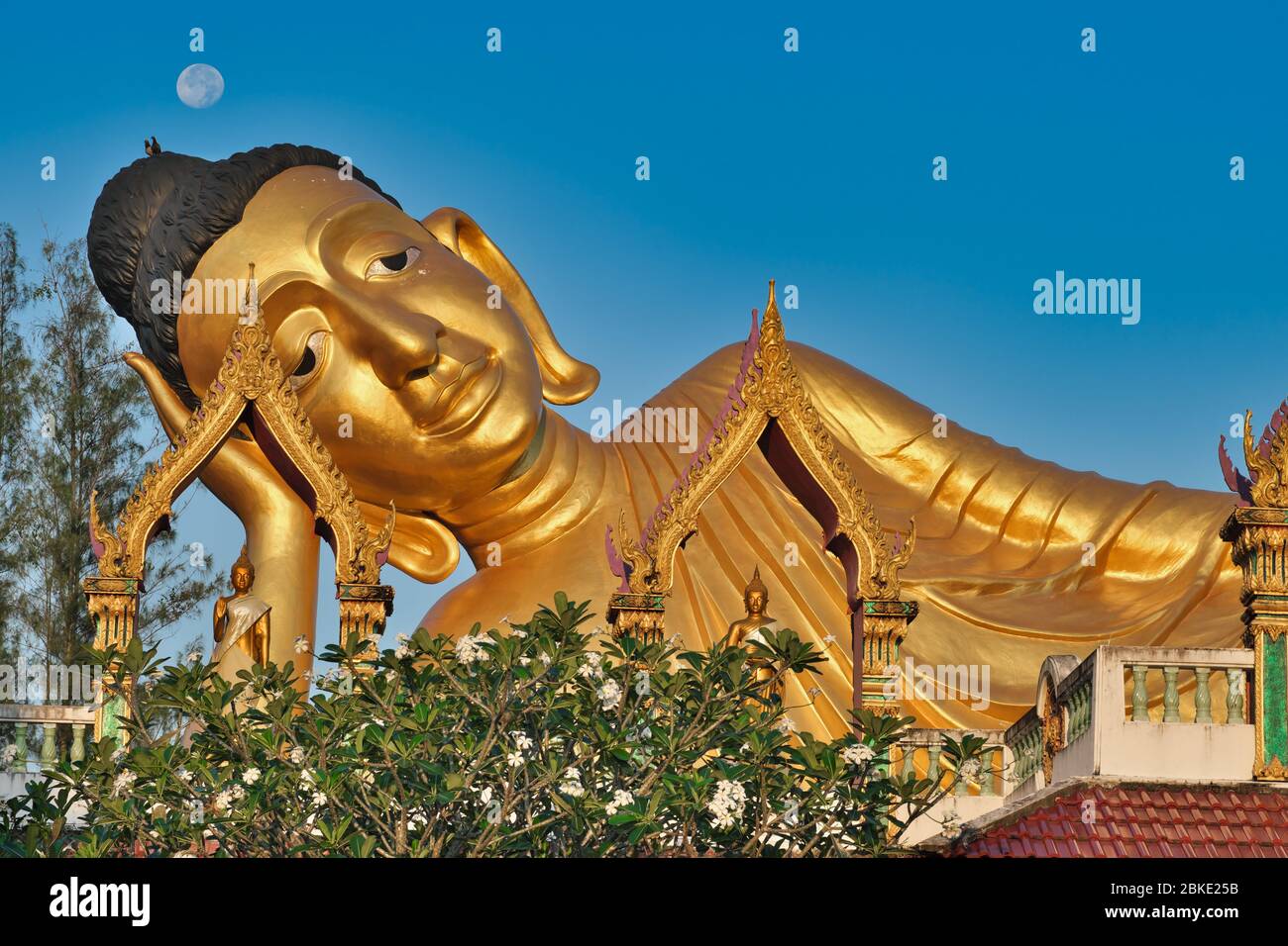 In una mattina presto, la luna piena è vista sopra la testa del cosiddetto Buddha "a strisciamento" di Wat si Sunthorn lungo 29 m a Thalang, Phuket, Thailandia Foto Stock