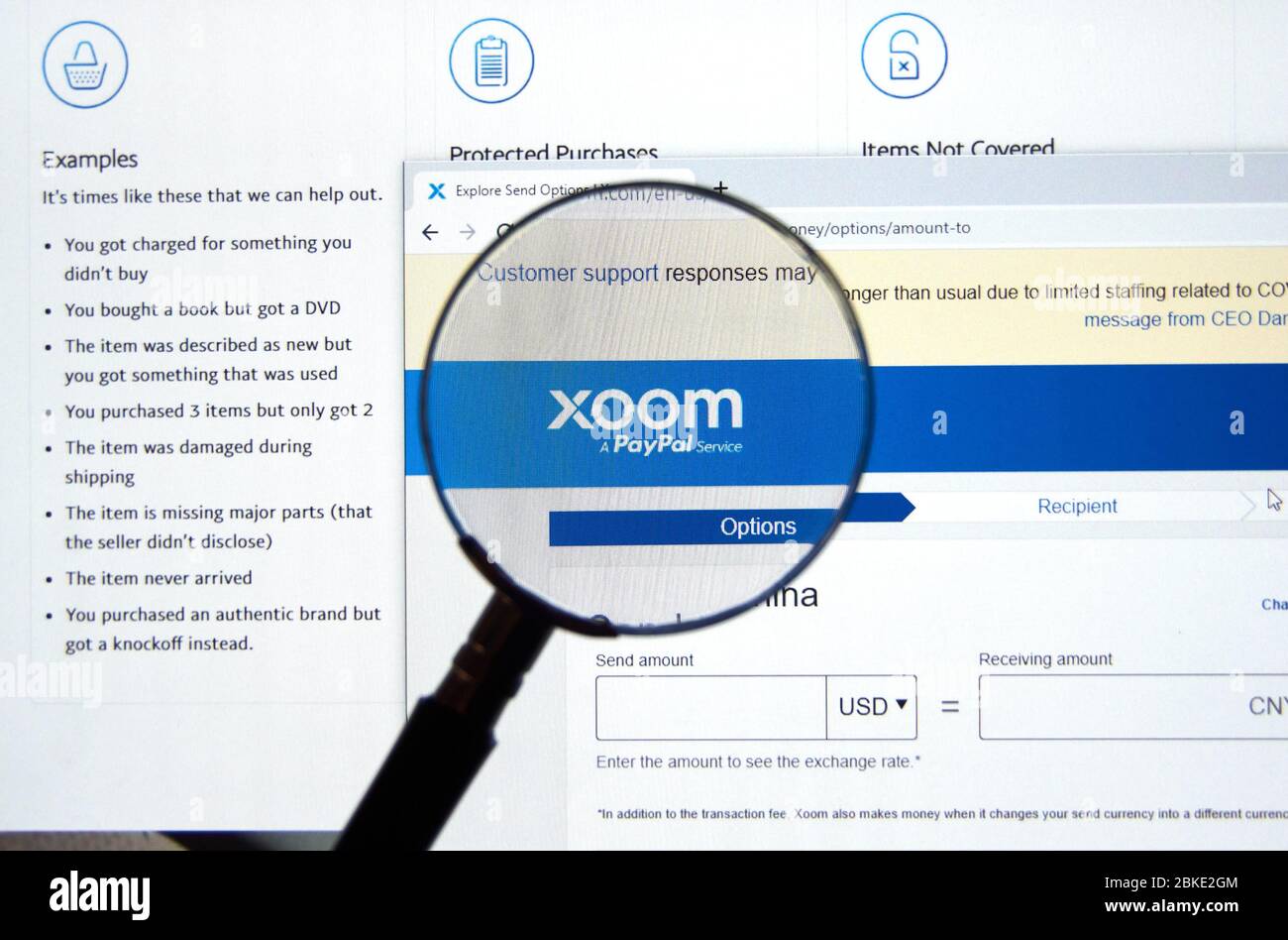 Montreal, Canada - 2 maggio 2020: Sito web e logo Xoom. Xoom è il servizio PayPal di trasferimento elettronico di fondi che permette ai consumatori di inviare denaro, pagare b Foto Stock