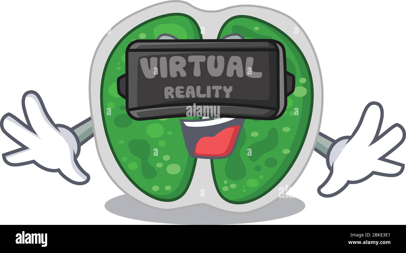 Stile di disegno dei cartoni animati dei batteri chrococcala con le moderne cuffie per realtà virtuale Illustrazione Vettoriale