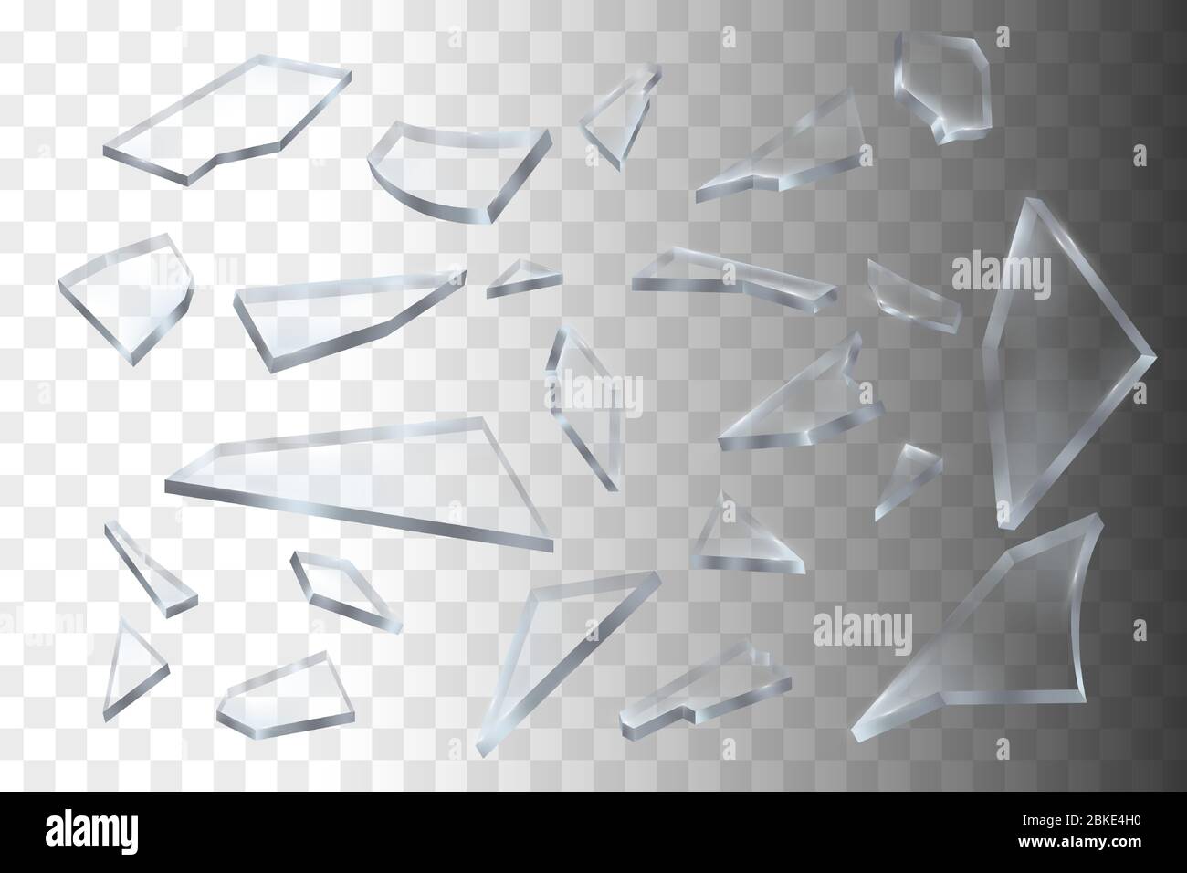 Realistici pezzi trasparenti di vetro rotto su sfondo trasparente, illustrazione vettoriale Illustrazione Vettoriale