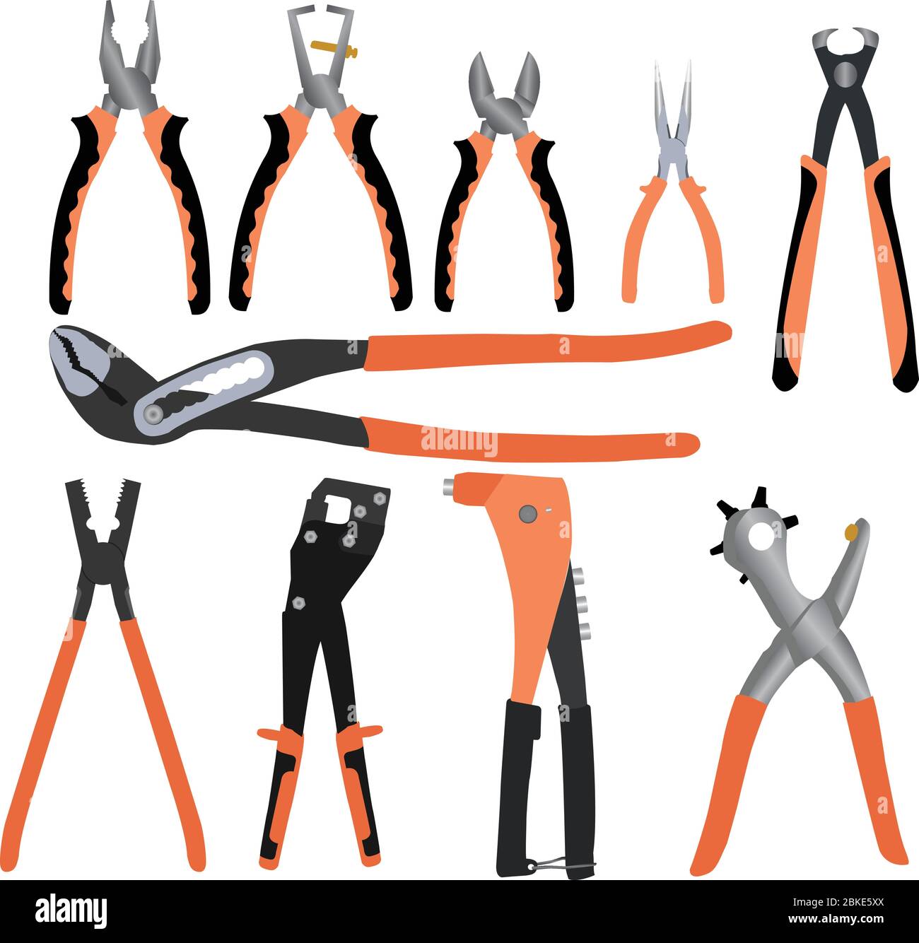 Set di pinze a maniglia diverse utensili di lavoro design vettoriale, sfondo bianco Illustrazione Vettoriale